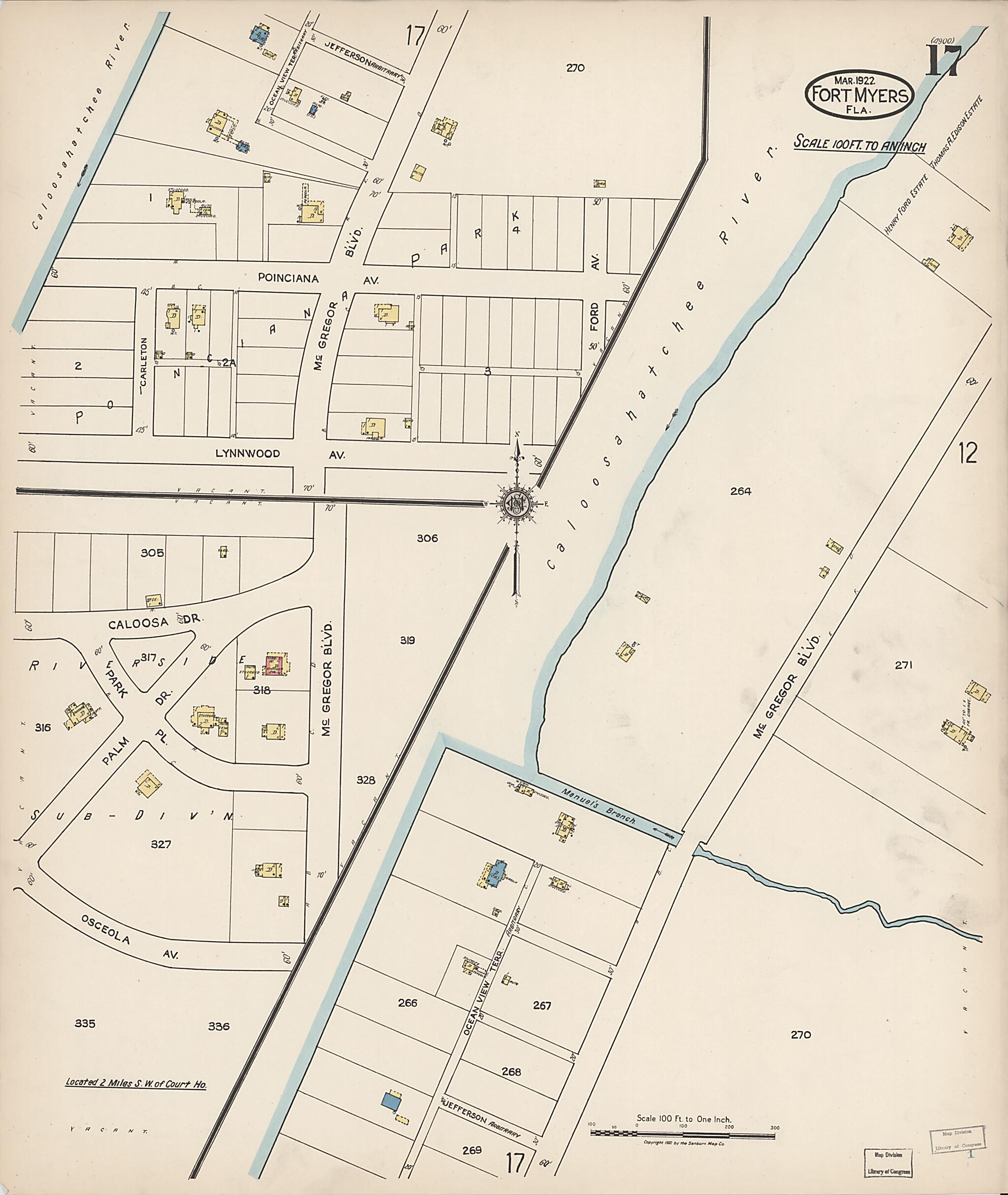 This old map of Fort Myers, Lee County, Florida was created by Sanborn Map Company in 1922