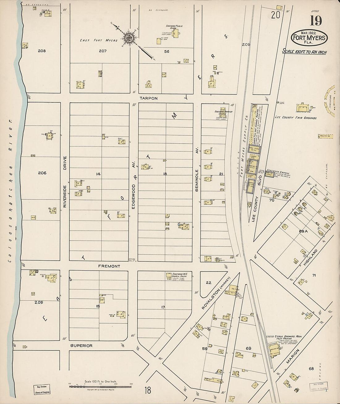 This old map of Fort Myers, Lee County, Florida was created by Sanborn Map Company in 1922