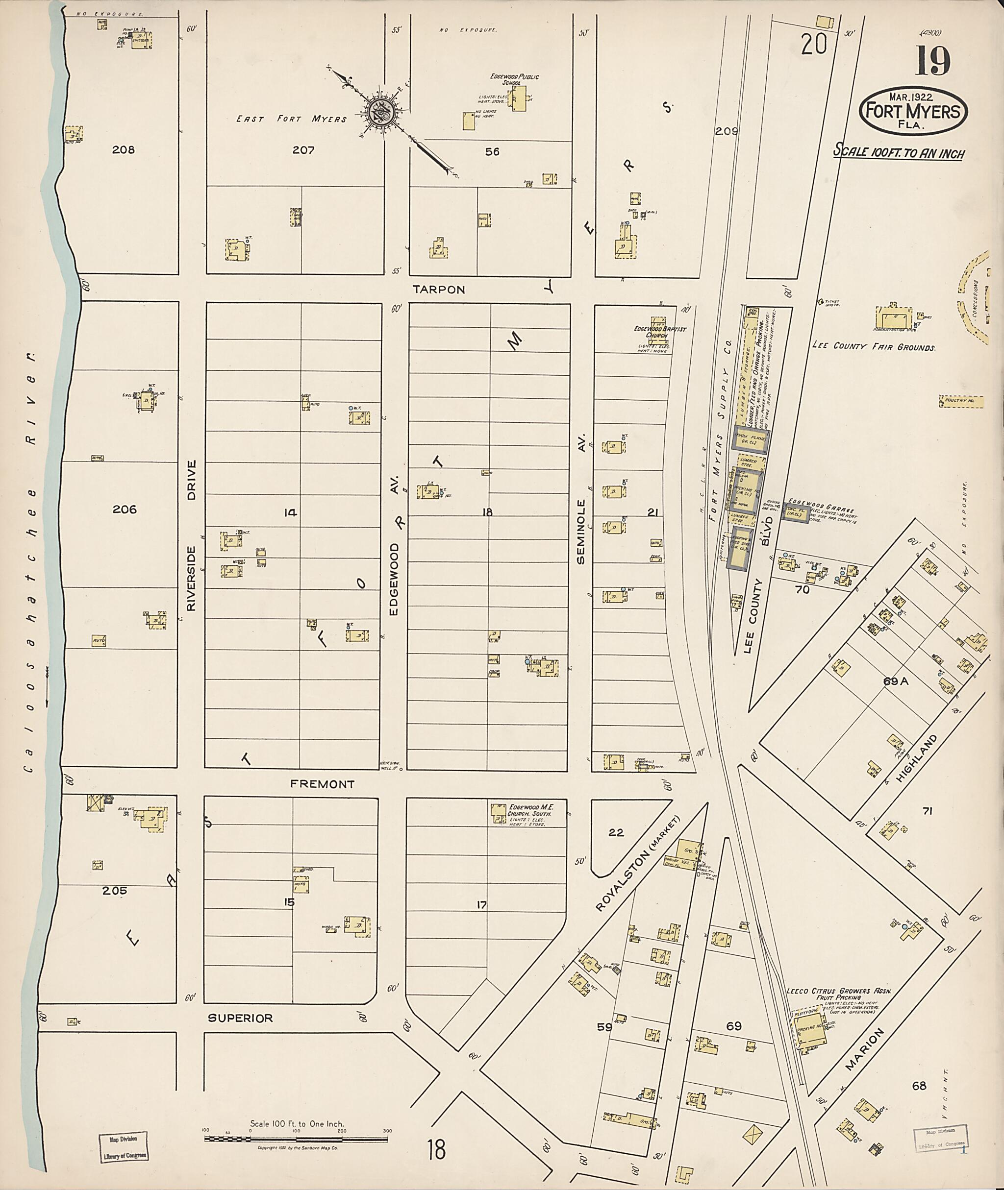 This old map of Fort Myers, Lee County, Florida was created by Sanborn Map Company in 1922