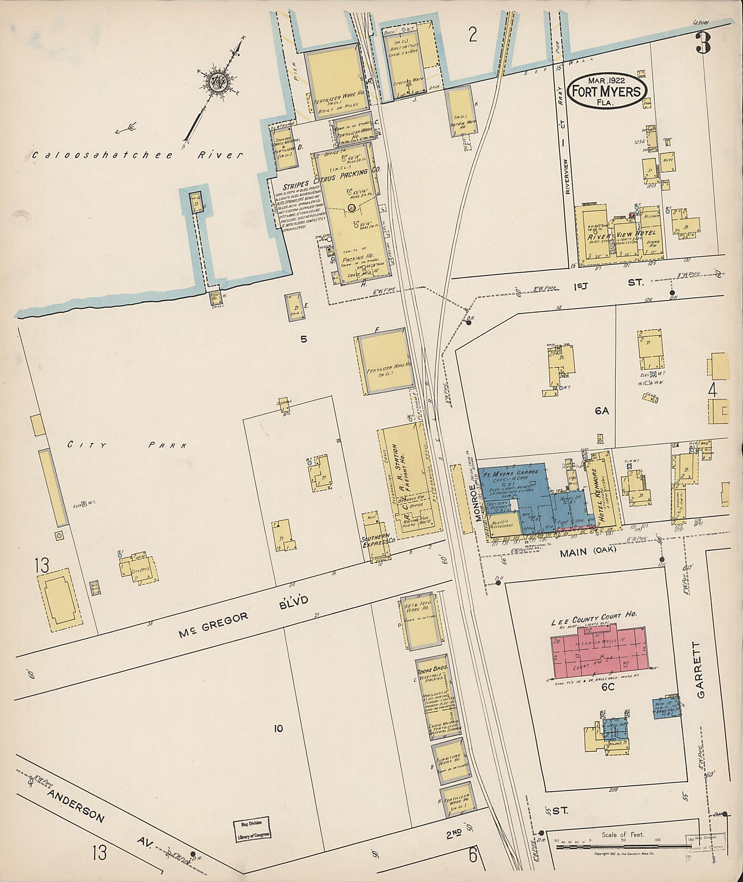 This old map of Fort Myers, Lee County, Florida was created by Sanborn Map Company in 1922