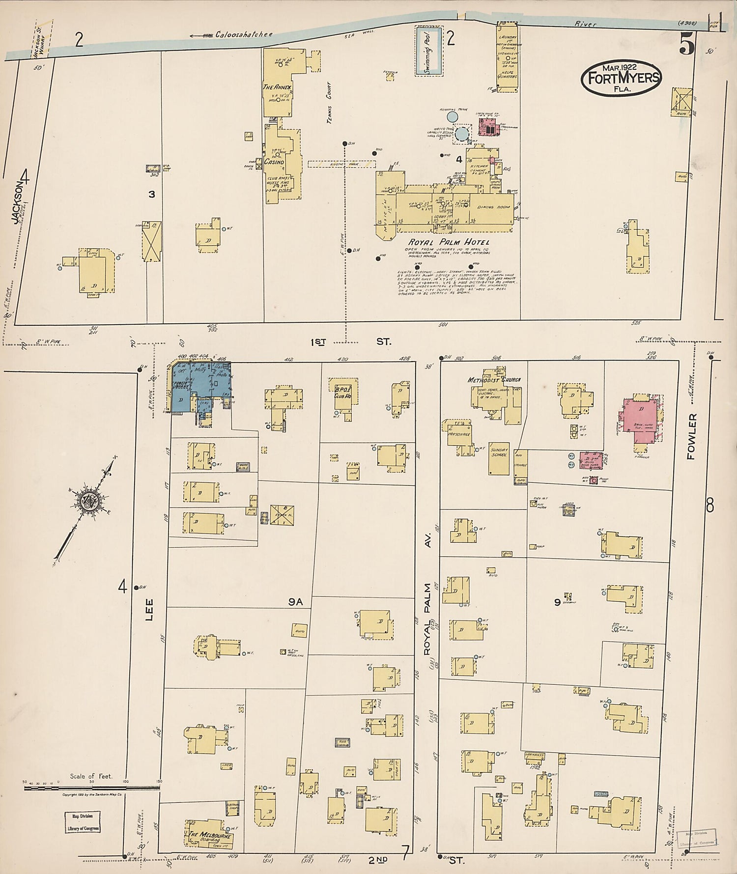 This old map of Fort Myers, Lee County, Florida was created by Sanborn Map Company in 1922