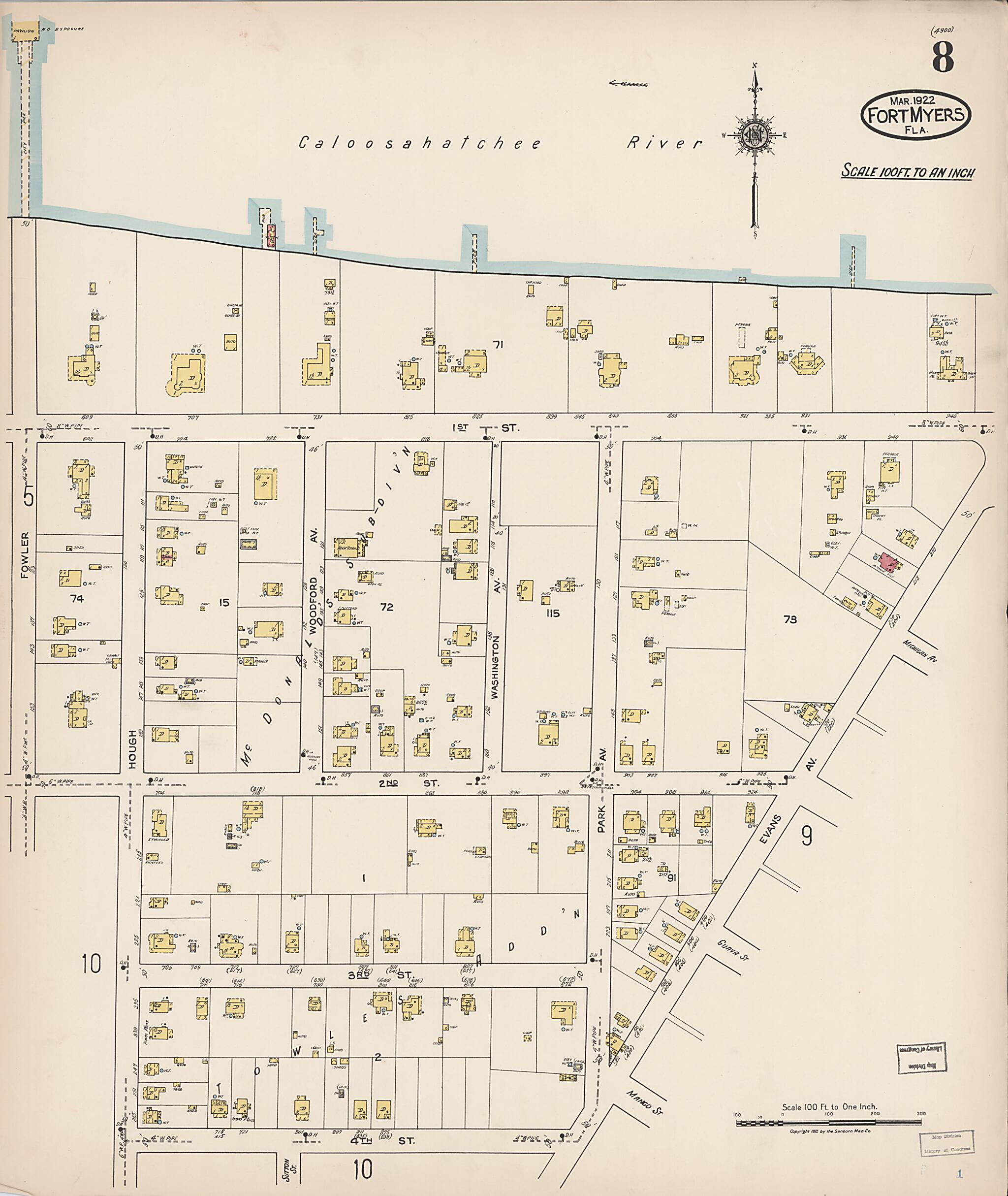 This old map of Fort Myers, Lee County, Florida was created by Sanborn Map Company in 1922