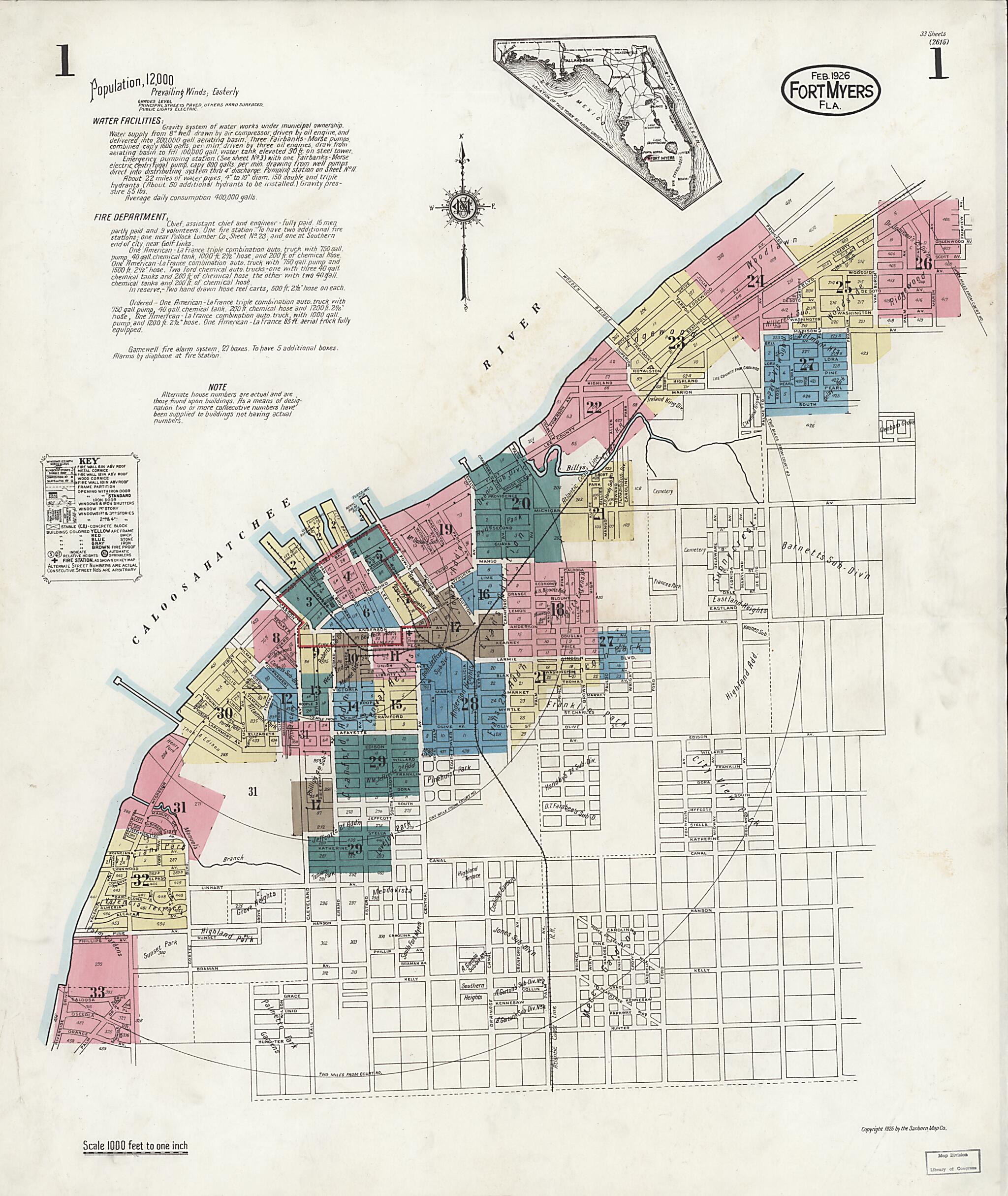 This old map of Fort Myers, Lee County, Florida was created by Sanborn Map Company in 1926