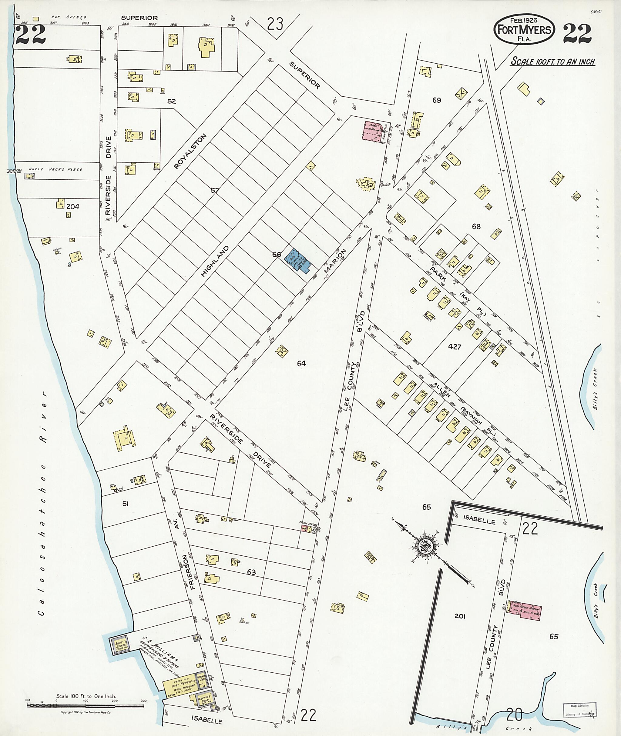 This old map of Fort Myers, Lee County, Florida was created by Sanborn Map Company in 1926