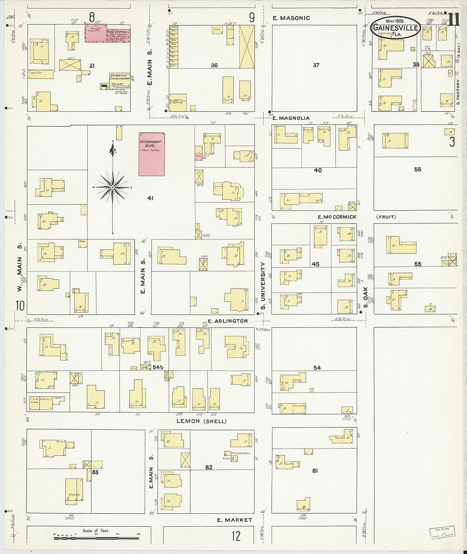 This old map of Gainesville, Alachua County, Florida was created by Sanborn Map Company in 1909