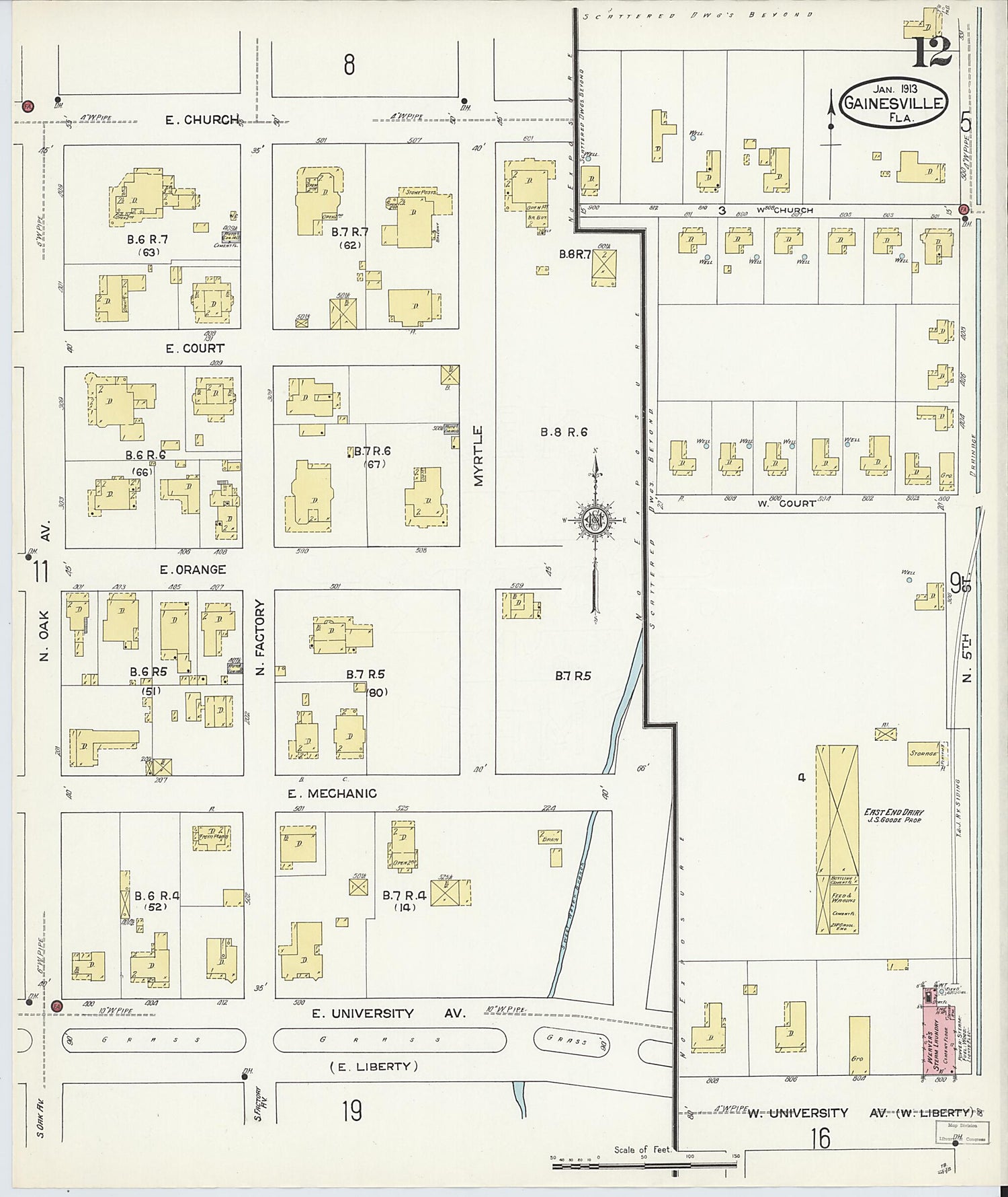 This old map of Gainesville, Alachua County, Florida was created by Sanborn Map Company in 1913
