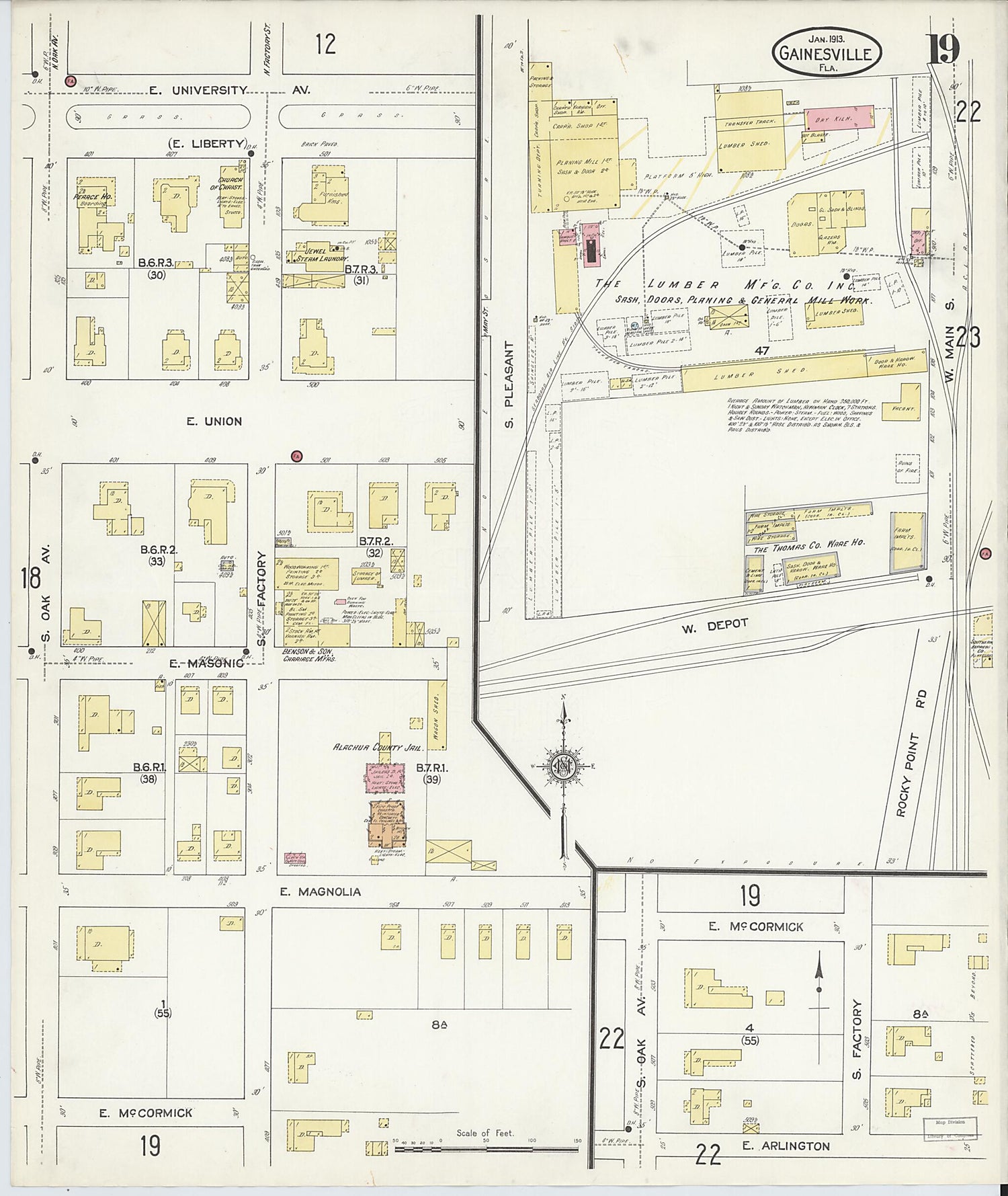 This old map of Gainesville, Alachua County, Florida was created by Sanborn Map Company in 1913