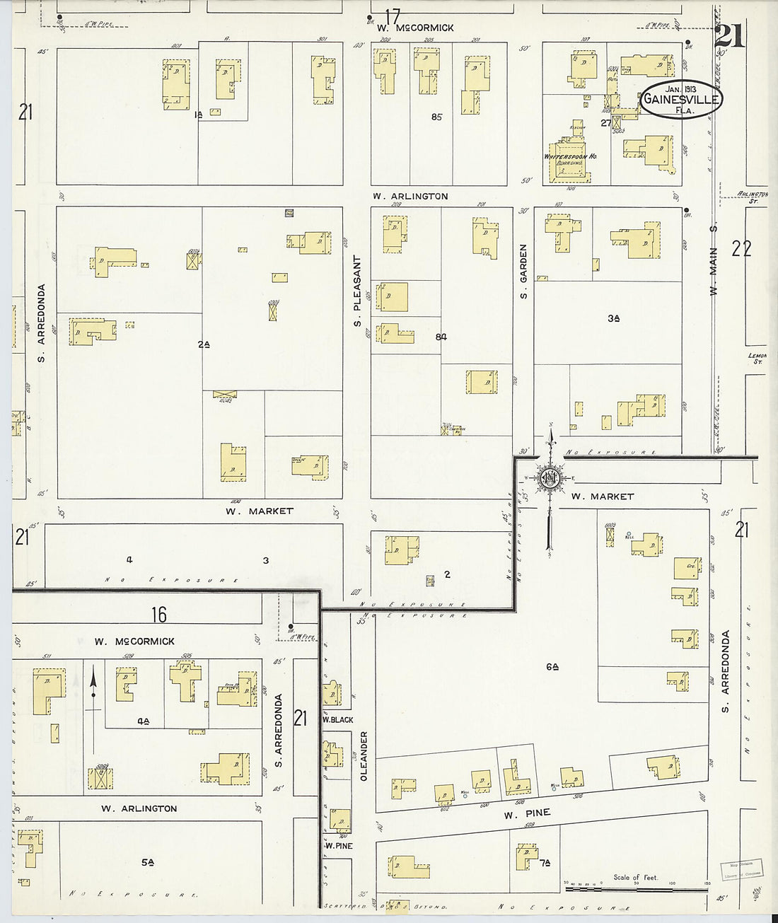 This old map of Gainesville, Alachua County, Florida was created by Sanborn Map Company in 1913