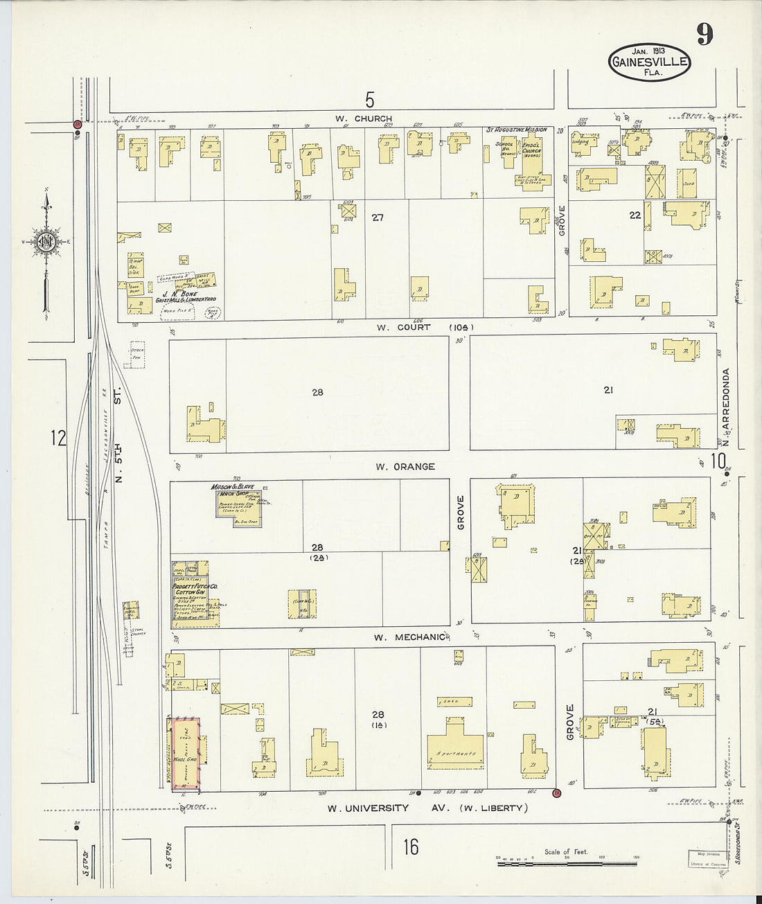 This old map of Gainesville, Alachua County, Florida was created by Sanborn Map Company in 1913