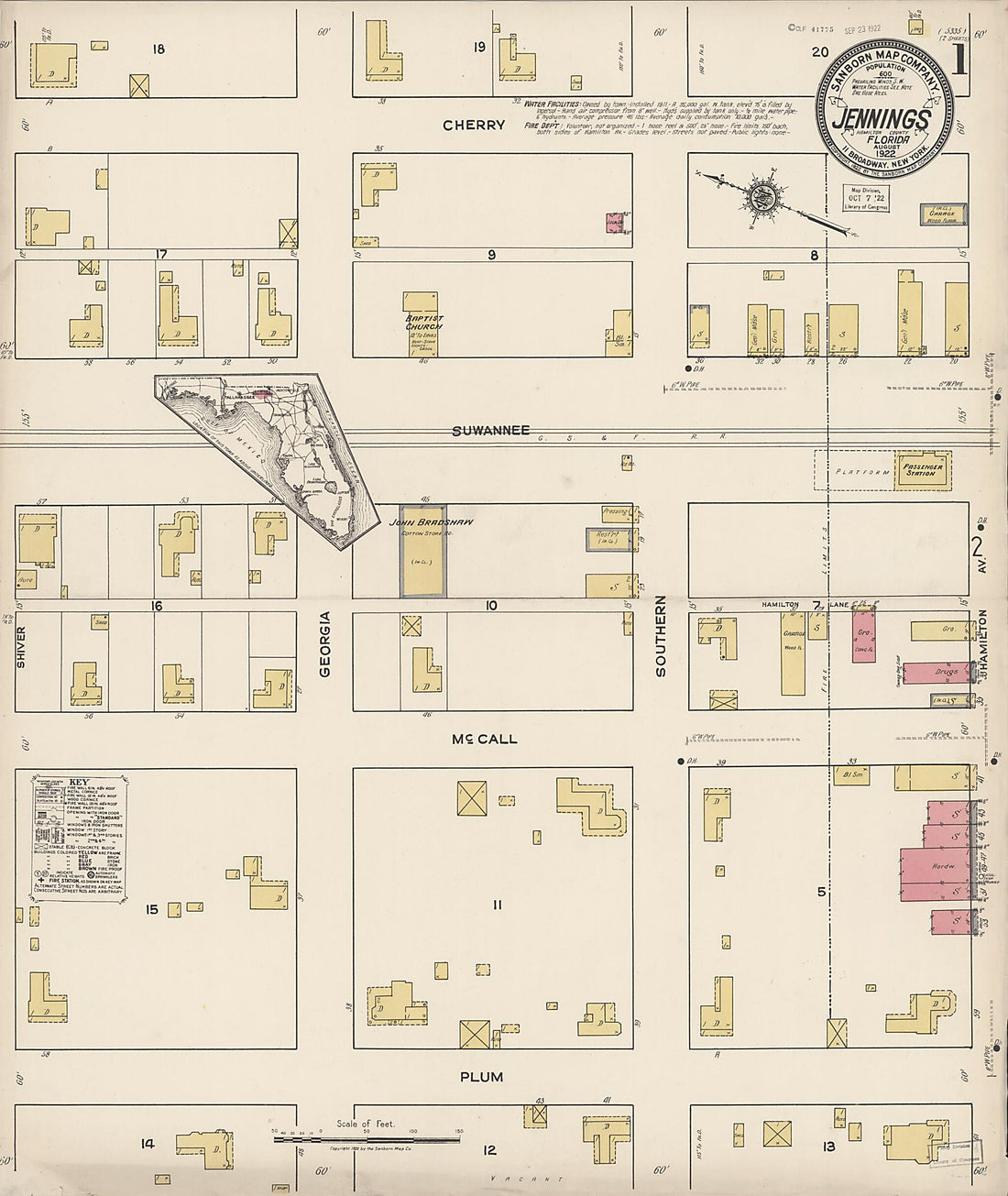 This old map of Jennings, Hamilton County, Florida was created by Sanborn Map Company in 1922