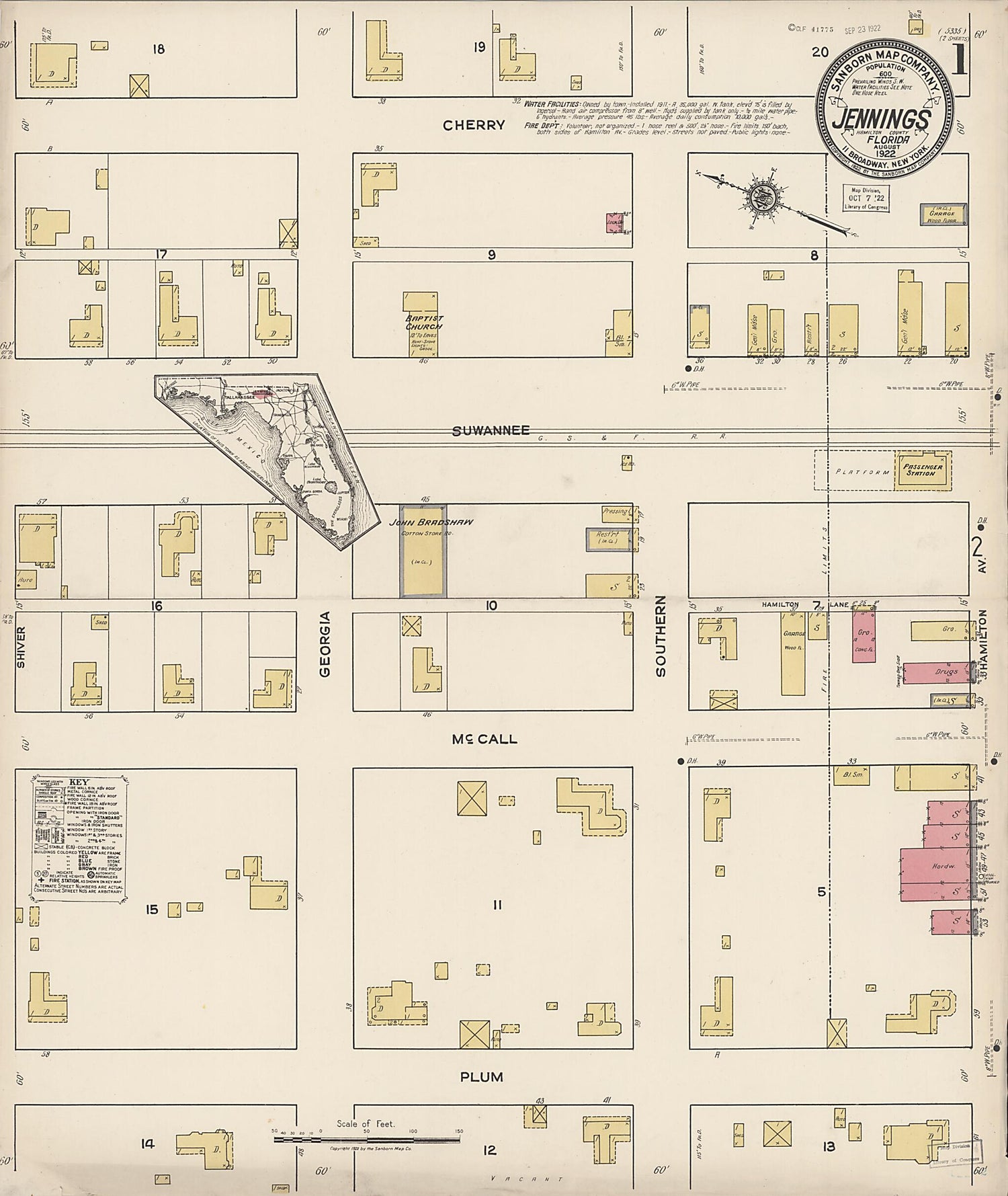 This old map of Jennings, Hamilton County, Florida was created by Sanborn Map Company in 1922