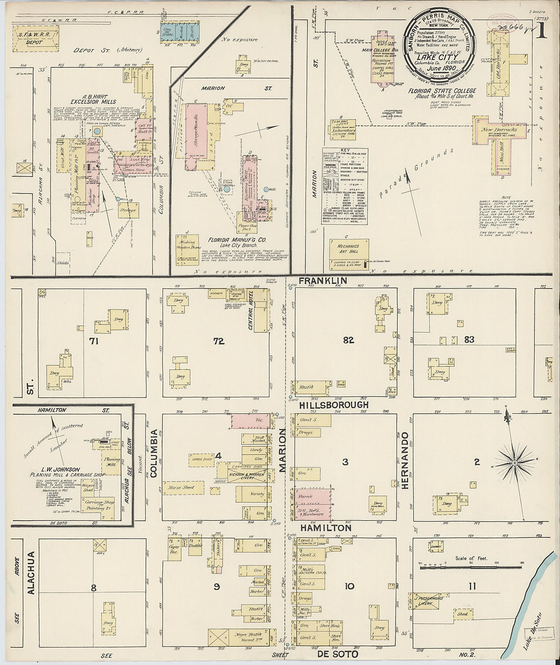 This old map of Lake City, Columbia County, Florida was created by Sanborn Map Company in 1890