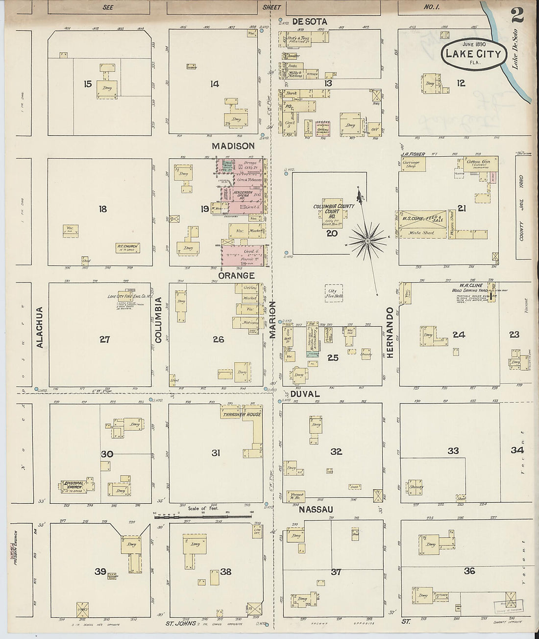 This old map of Lake City, Columbia County, Florida was created by Sanborn Map Company in 1890