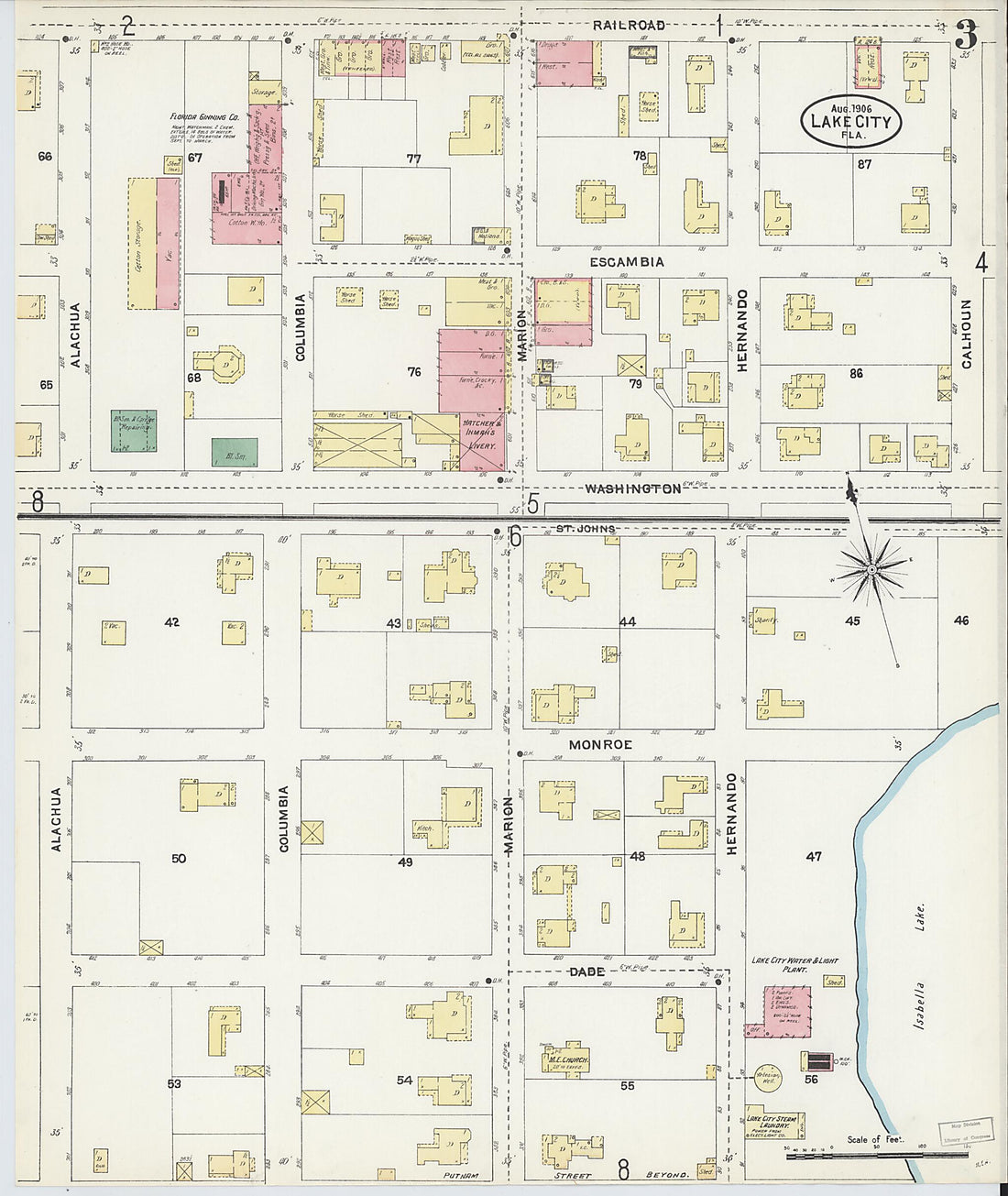 This old map of Lake City, Columbia County, Florida was created by Sanborn Map Company in 1906