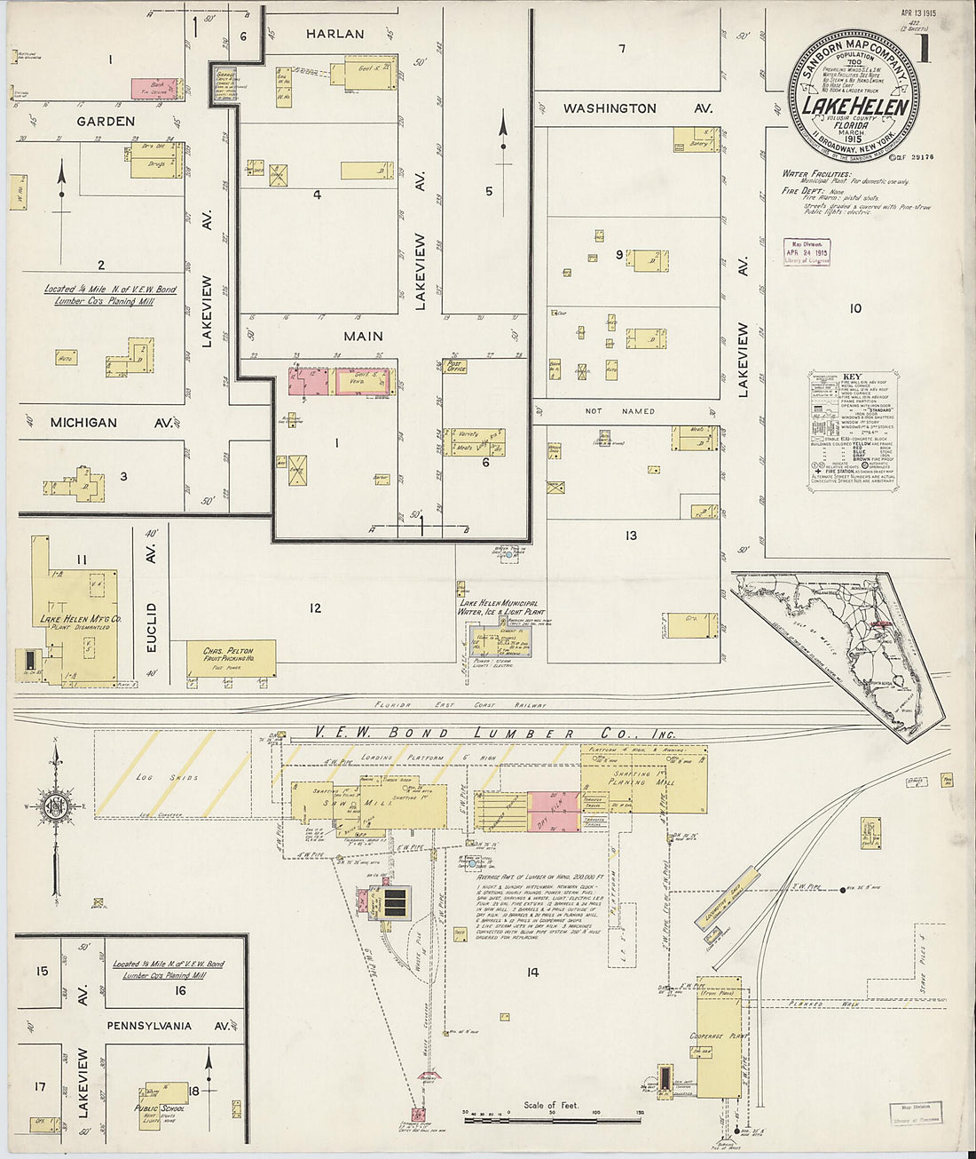 This old map of Lake Helen, Volusia County, Florida was created by Sanborn Map Company in 1915