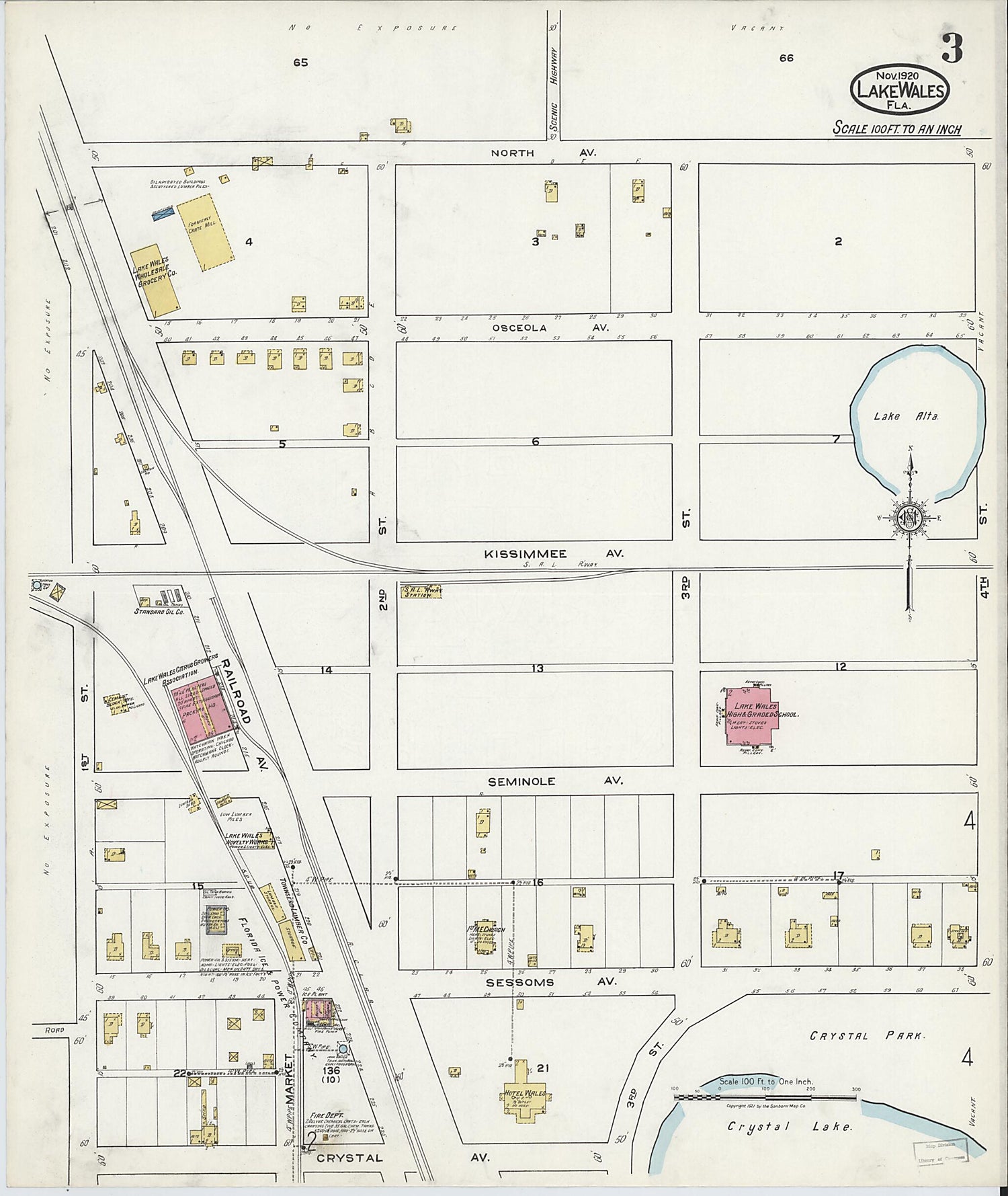 This old map of Lake Wales, Polk County, Florida was created by Sanborn Map Company in 1920