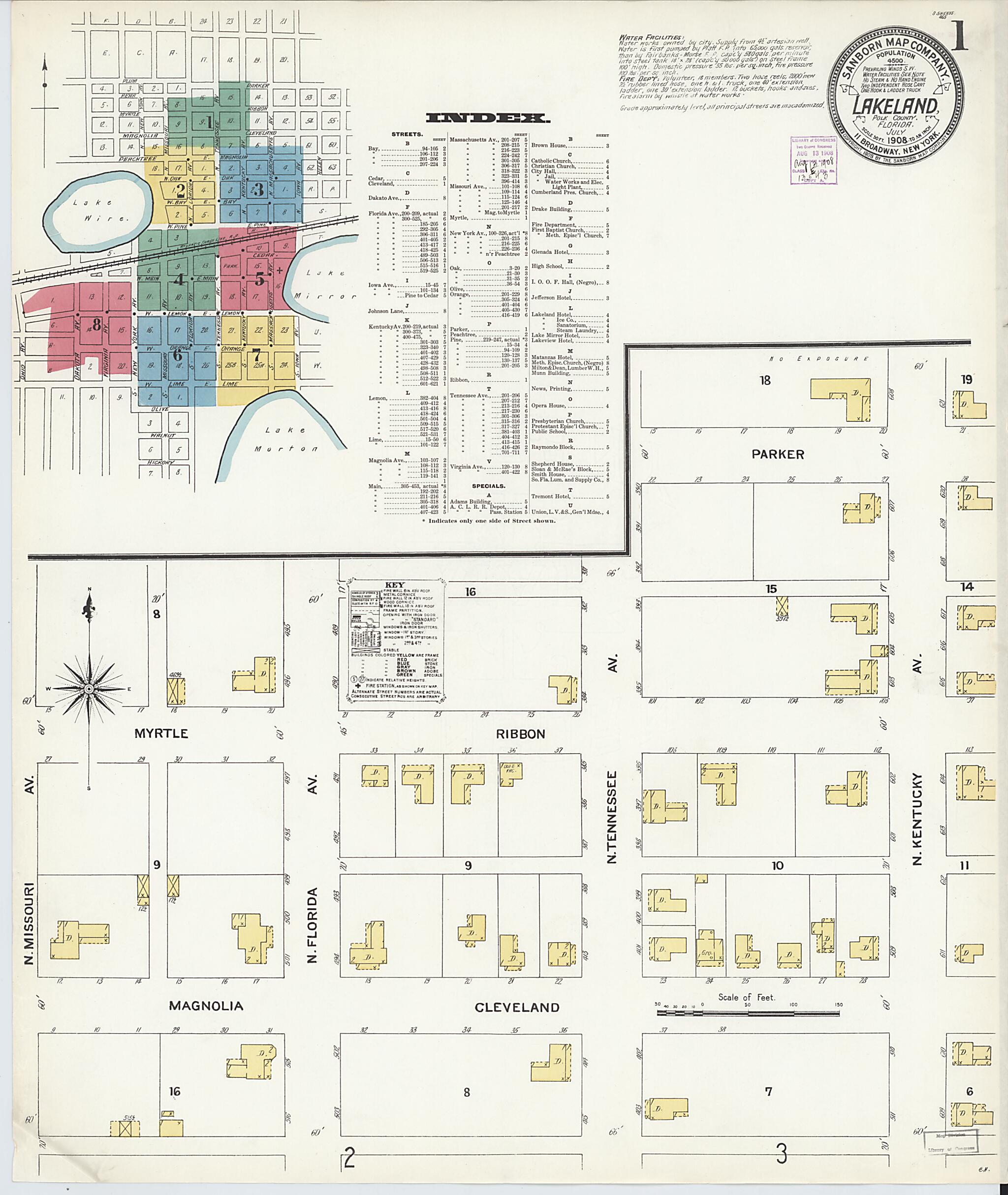 This old map of Lakeland, Polk County, Florida was created by Sanborn Map Company in 1908