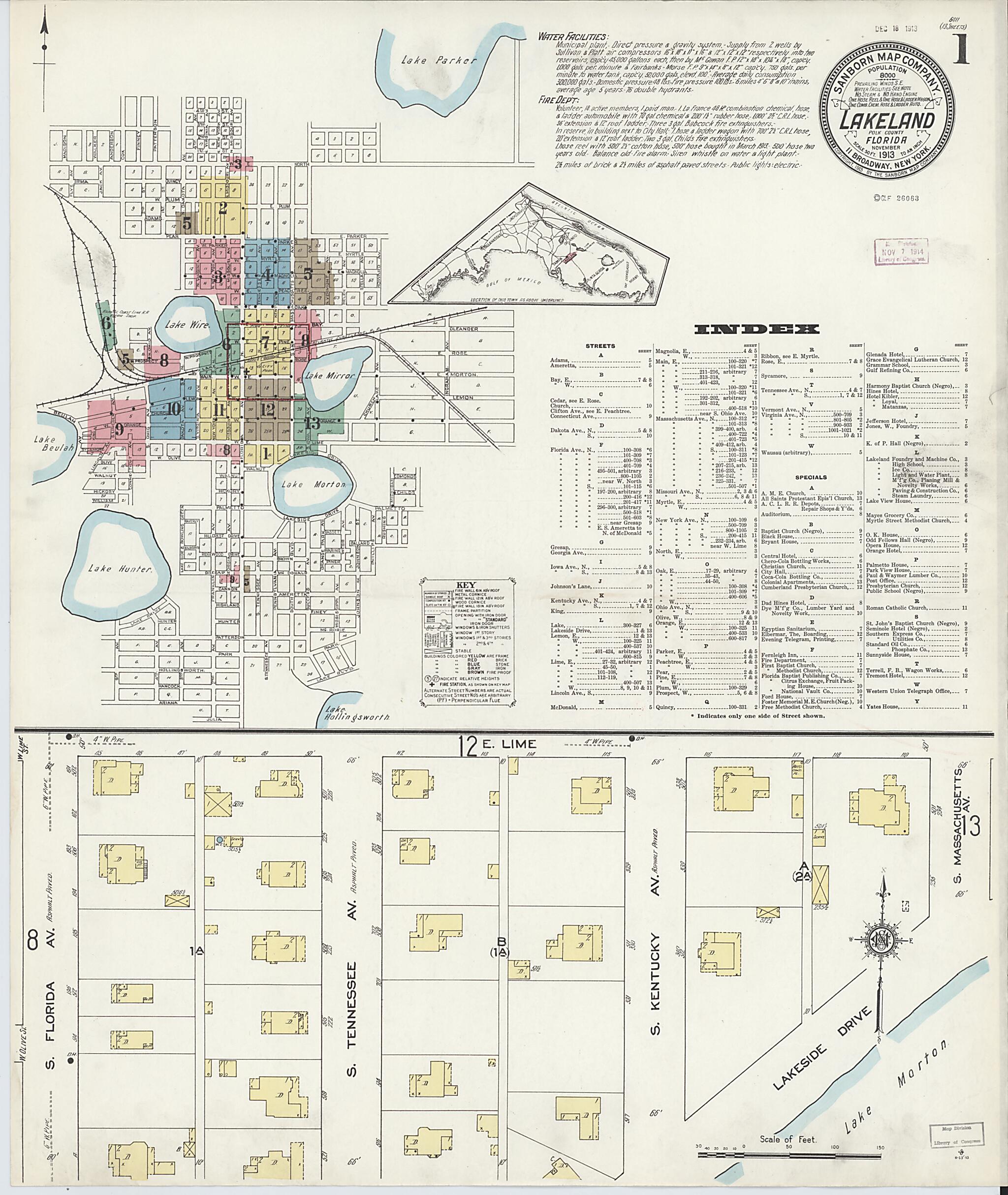 This old map of Lakeland, Polk County, Florida was created by Sanborn Map Company in 1913