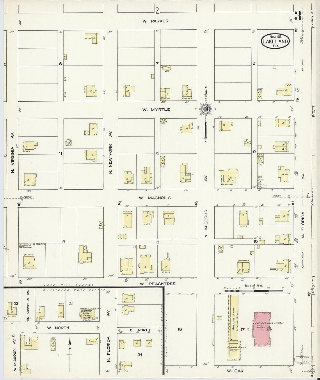 This old map of Lakeland, Polk County, Florida was created by Sanborn Map Company in 1913