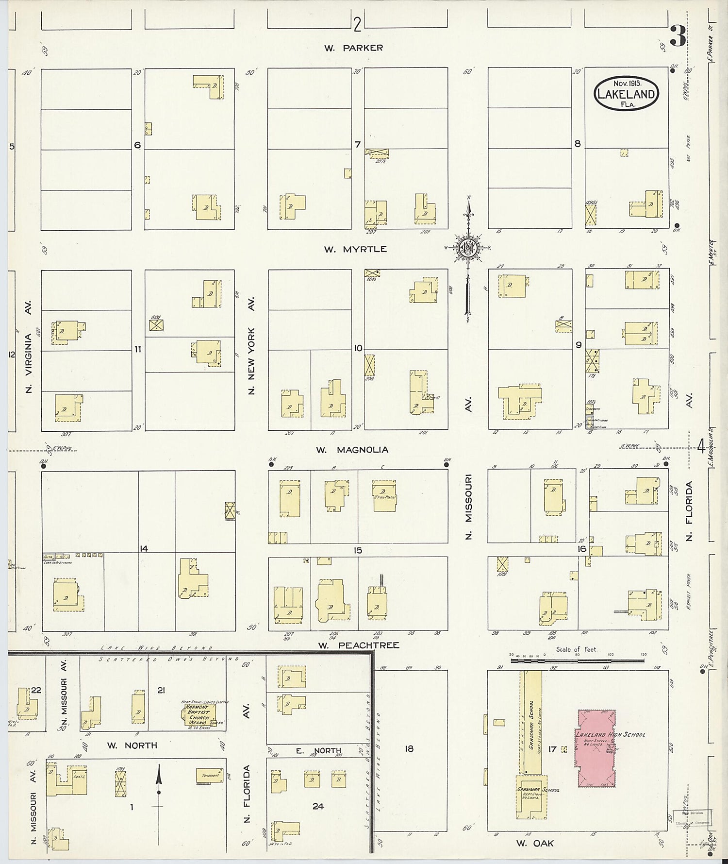 This old map of Lakeland, Polk County, Florida was created by Sanborn Map Company in 1913