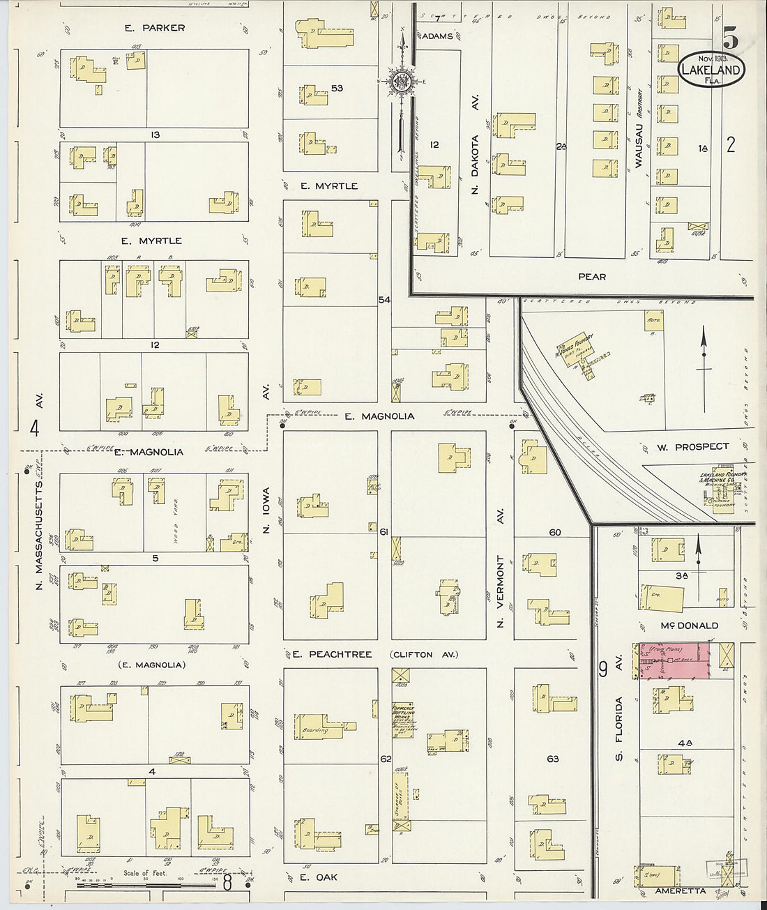 This old map of Lakeland, Polk County, Florida was created by Sanborn Map Company in 1913