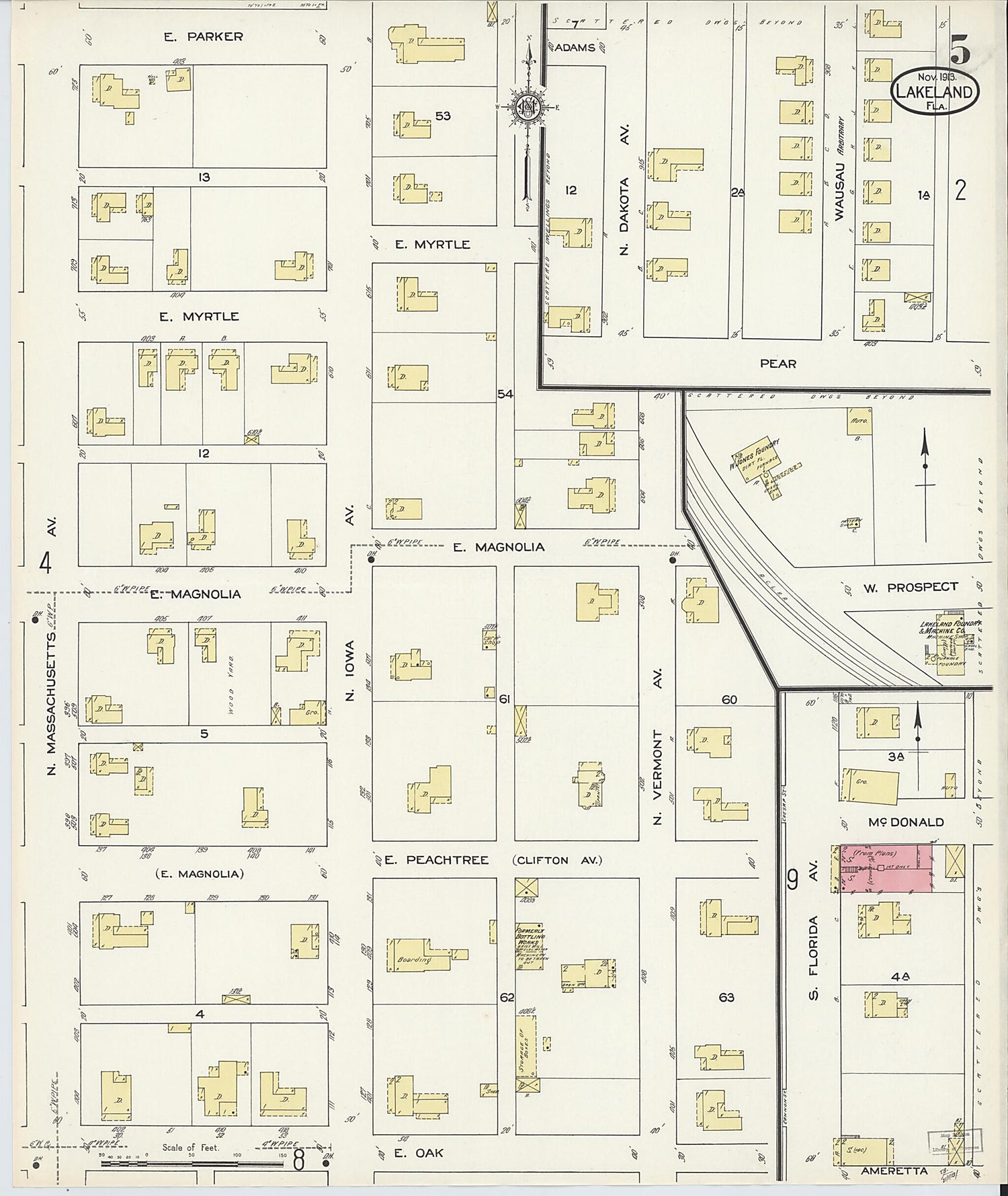 This old map of Lakeland, Polk County, Florida was created by Sanborn Map Company in 1913