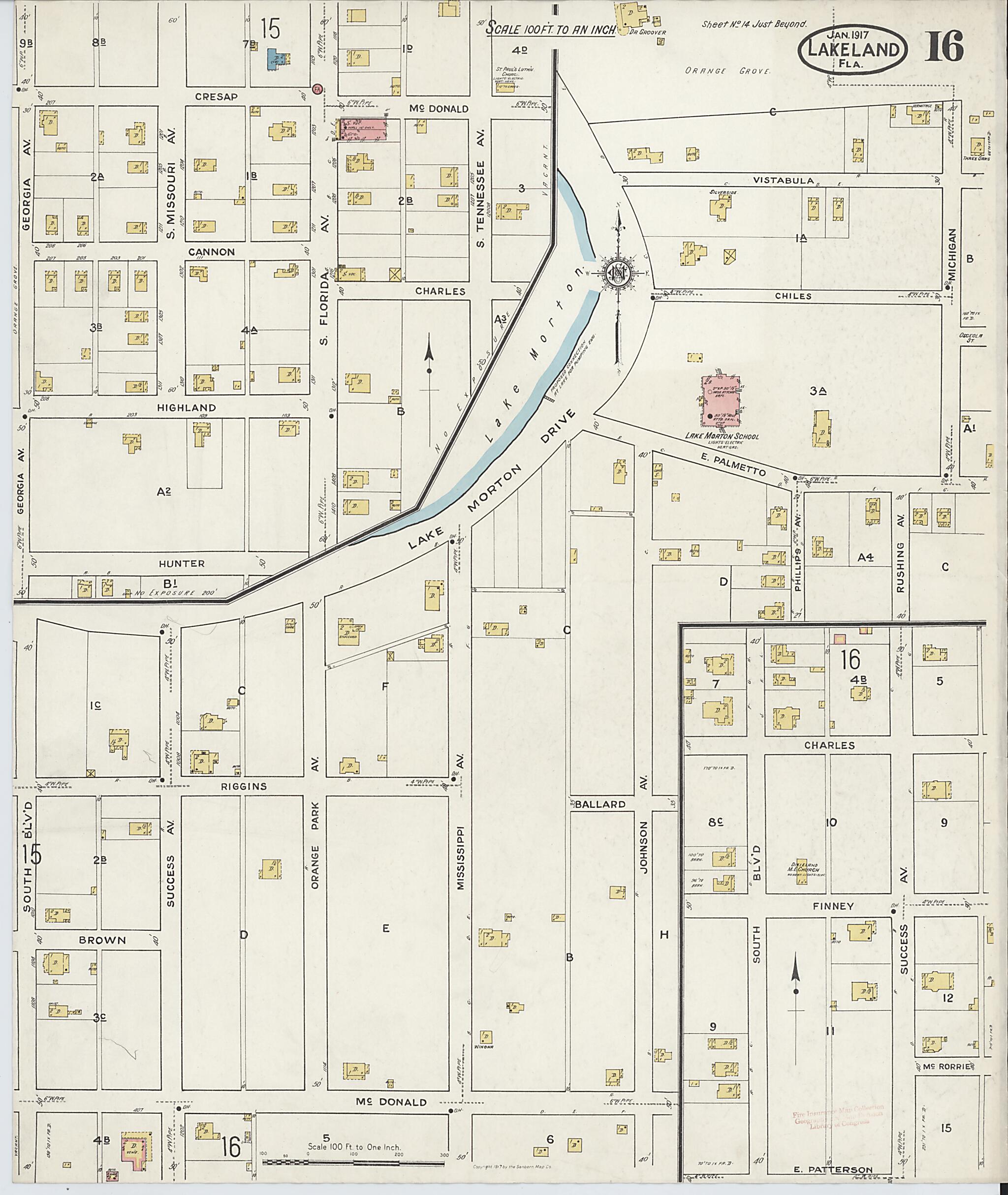 This old map of Lakeland, Polk County, Florida was created by Sanborn Map Company in 1917