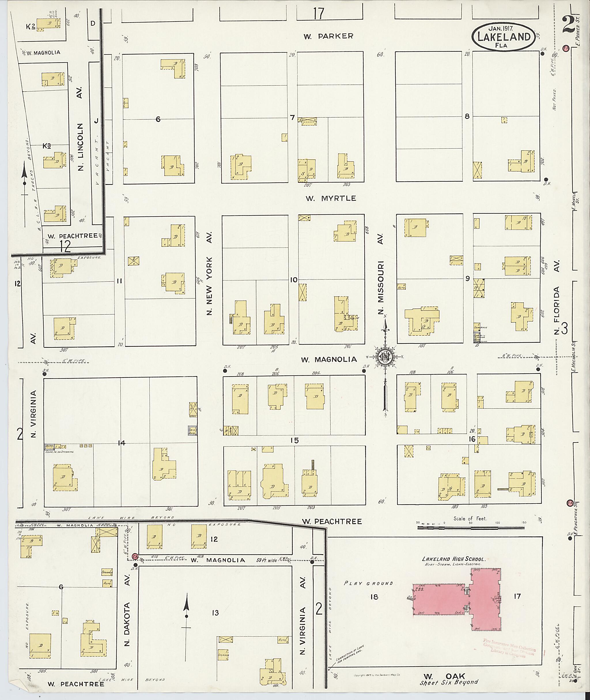 This old map of Lakeland, Polk County, Florida was created by Sanborn Map Company in 1917