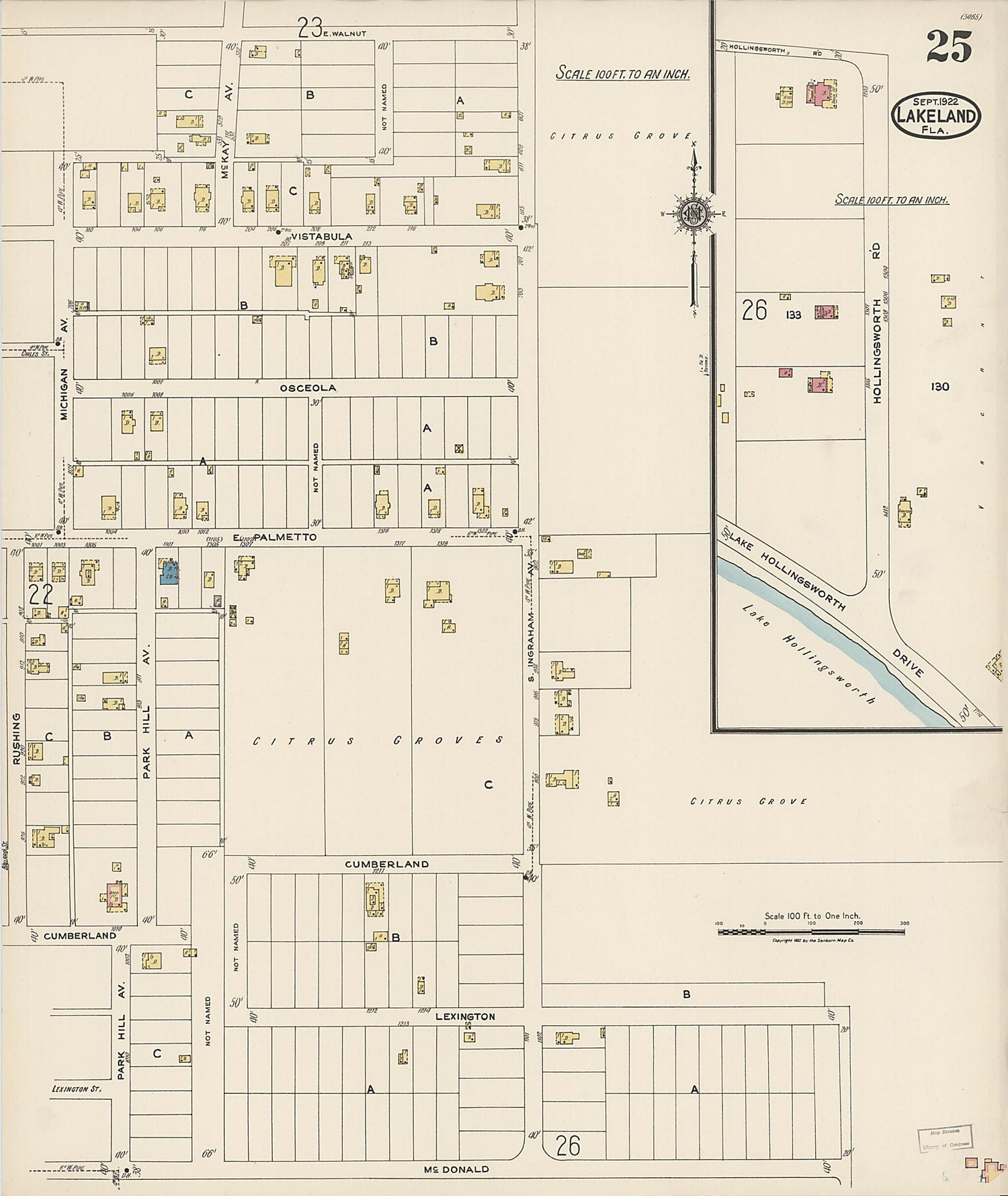 This old map of Lakeland, Polk County, Florida was created by Sanborn Map Company in 1922