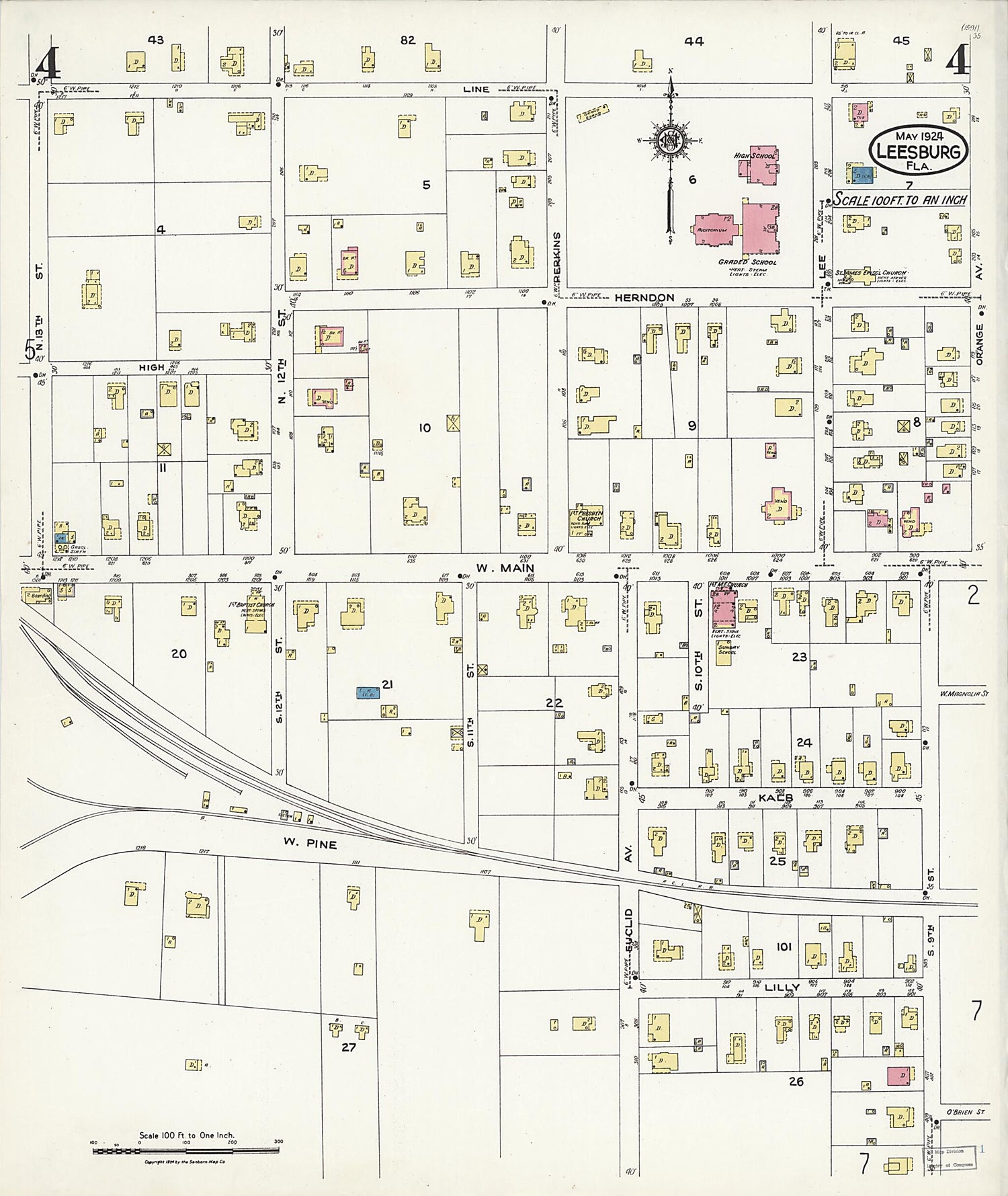 This old map of Leesburg, Lake County, Florida was created by Sanborn Map Company in 1924