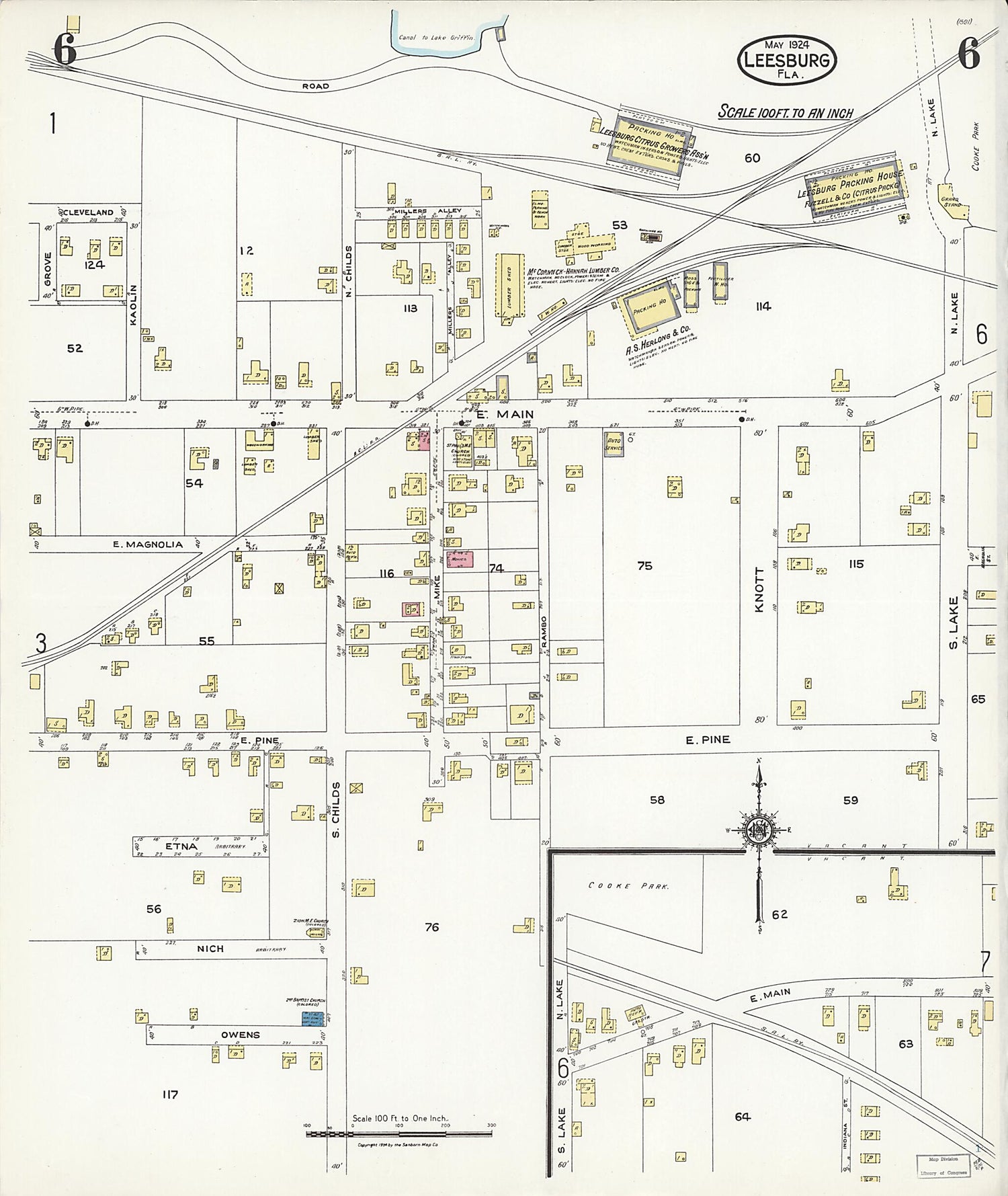 This old map of Leesburg, Lake County, Florida was created by Sanborn Map Company in 1924