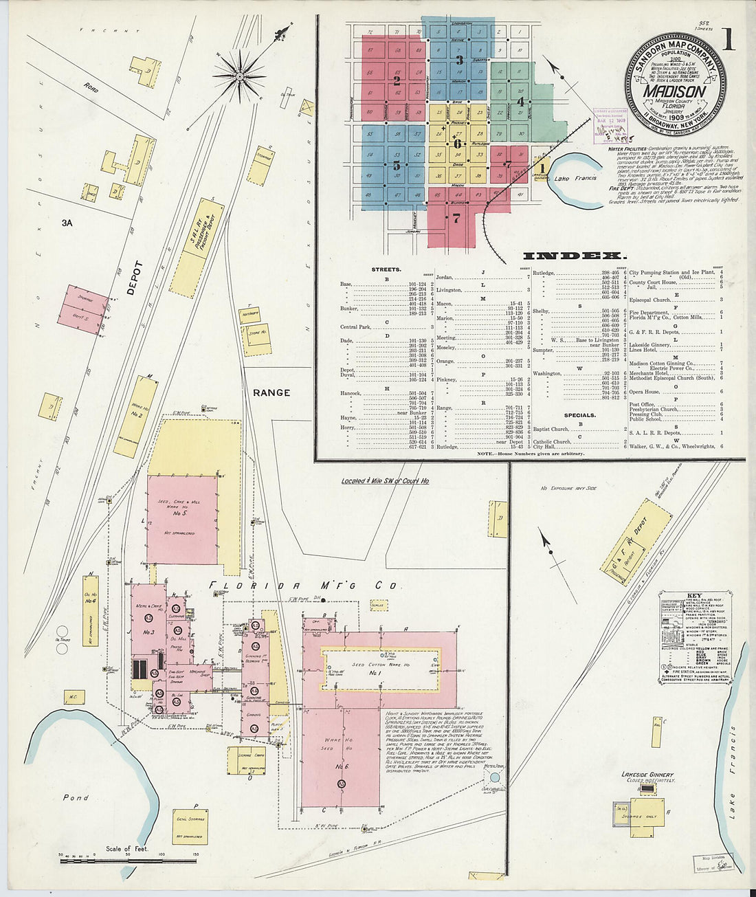 This old map of Madison, Madison County, Florida was created by Sanborn Map Company in 1909