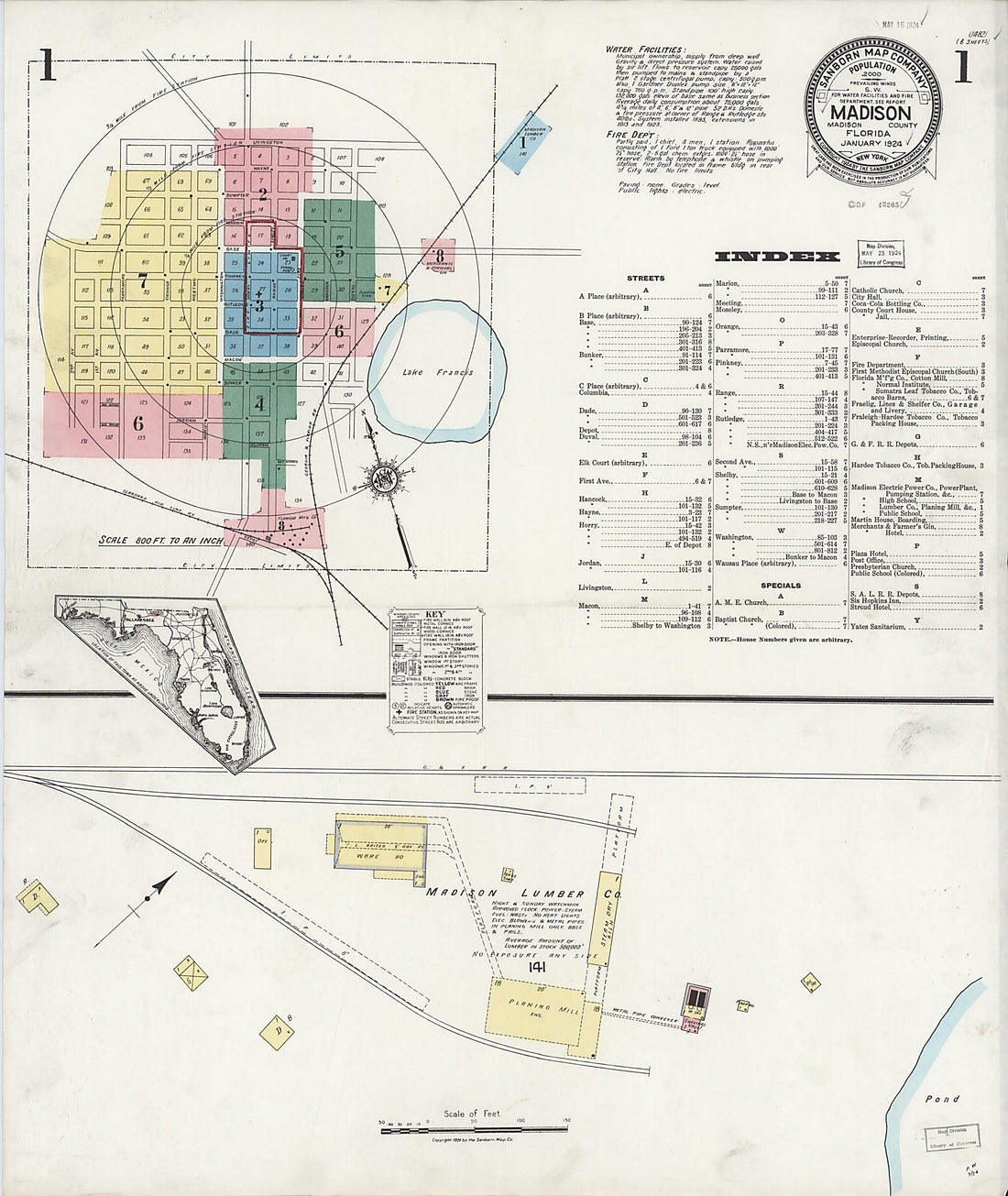 This old map of Madison, Madison County, Florida was created by Sanborn Map Company in 1924