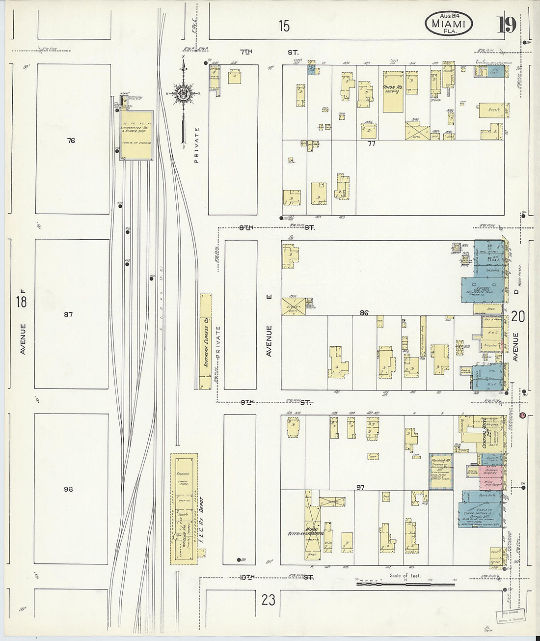 This old map of Miami, Dade County, Florida was created by Sanborn Map Company in 1914