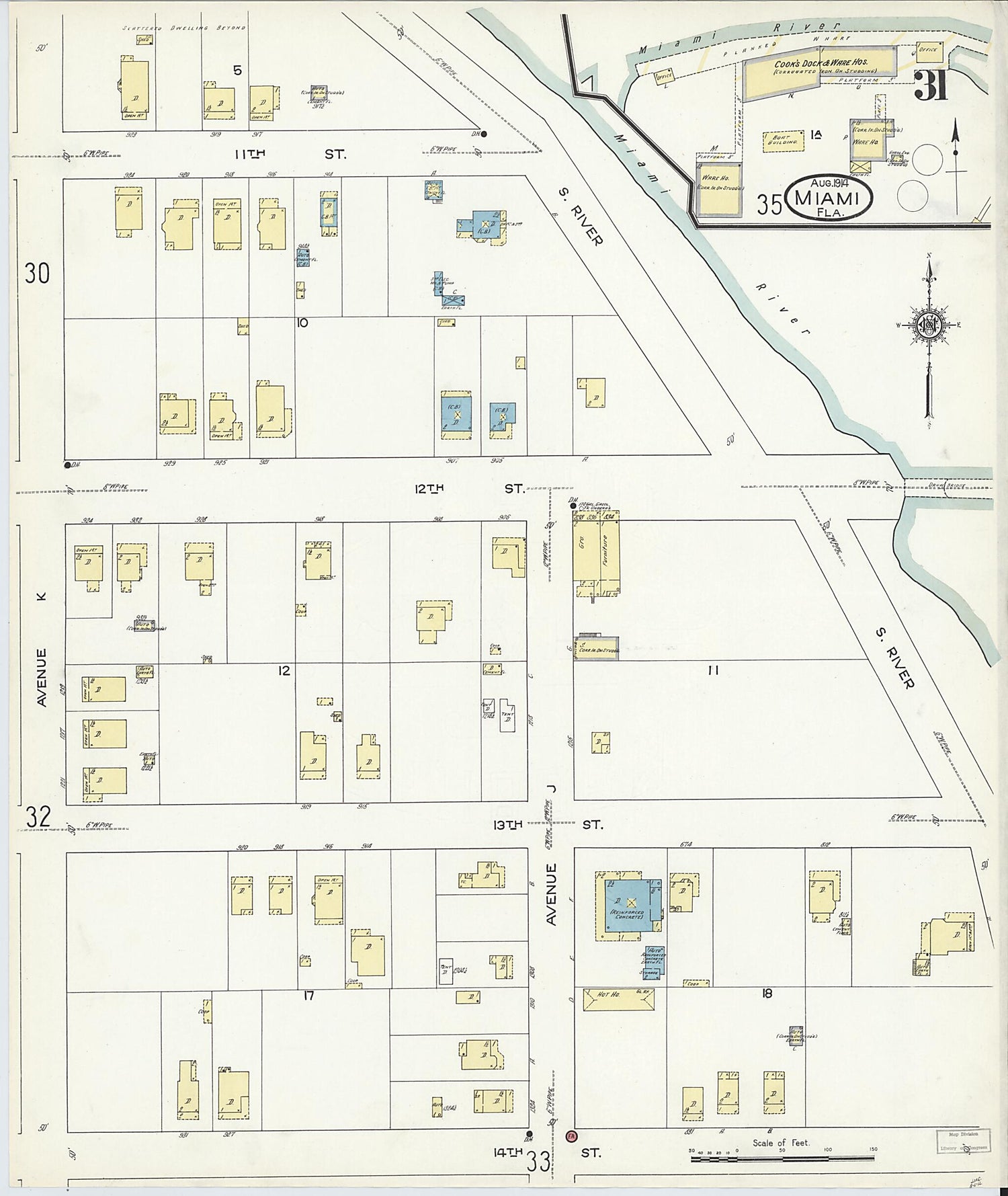 This old map of Miami, Dade County, Florida was created by Sanborn Map Company in 1914