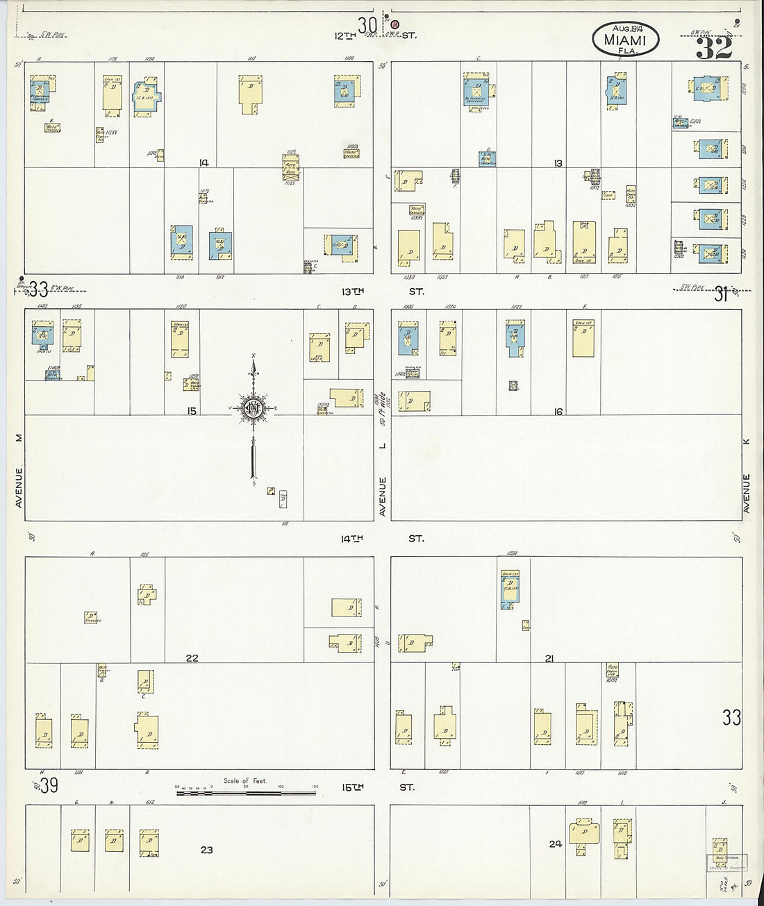 This old map of Miami, Dade County, Florida was created by Sanborn Map Company in 1914