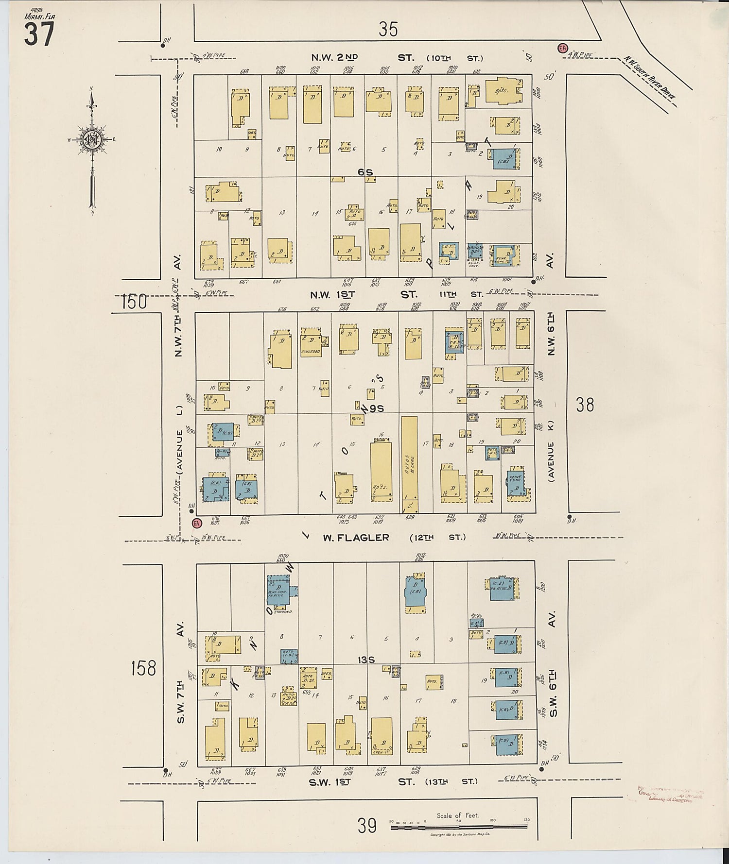 This old map of Miami, Dade County, Florida was created by Sanborn Map Company in 1921, 1924
