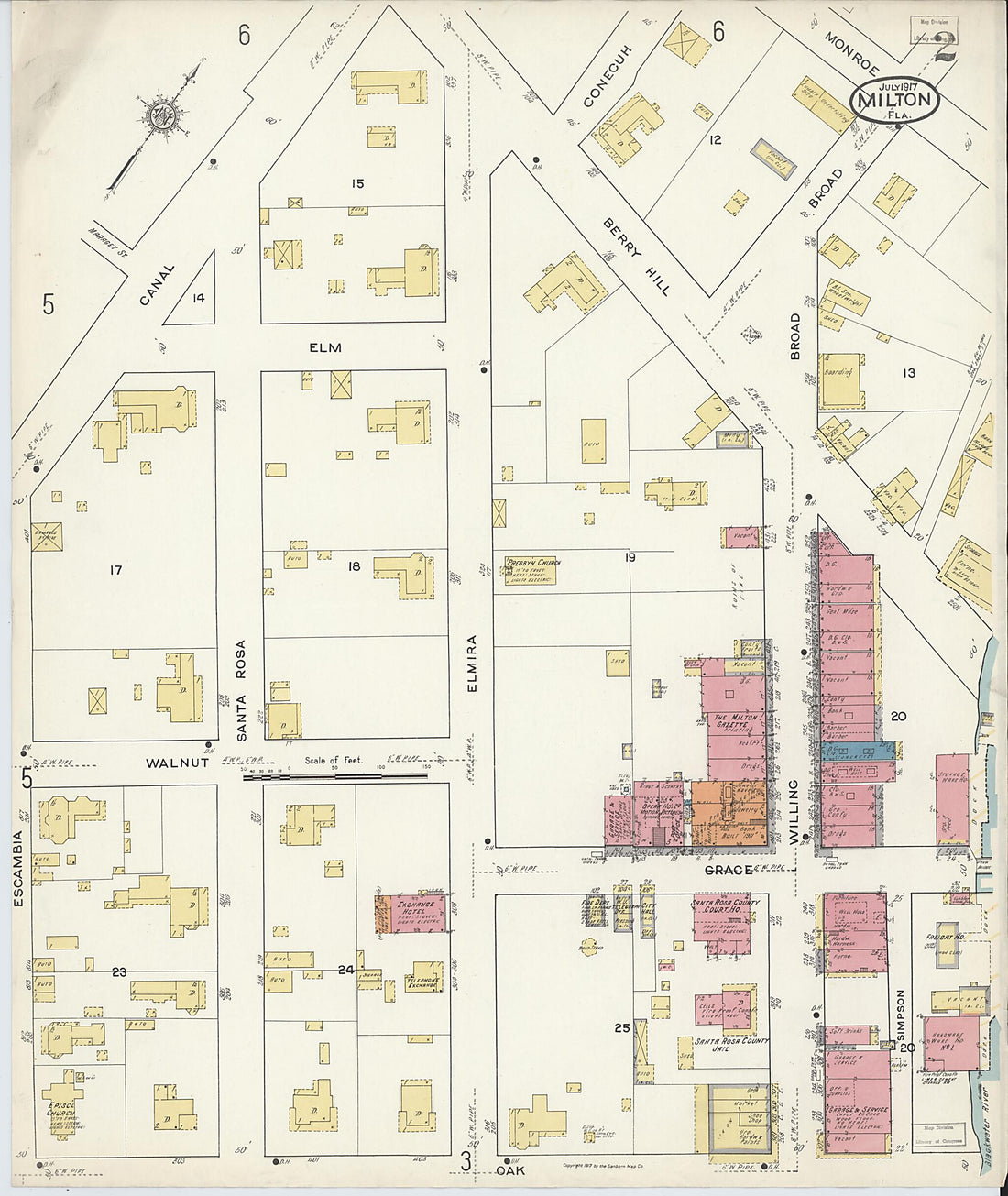 This old map of Milton, Santa Rosa County, Florida was created by Sanborn Map Company in 1917