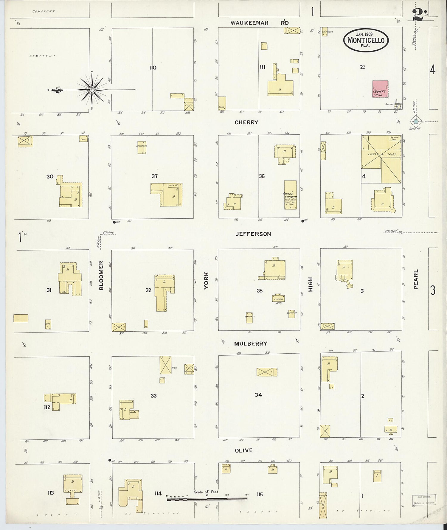 This old map of Monticello, Jefferson County, Florida was created by Sanborn Map Company in 1909