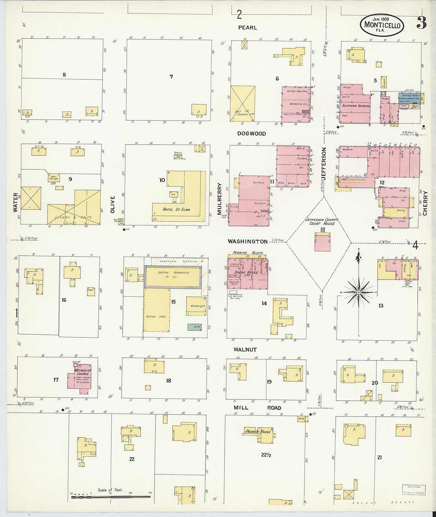 This old map of Monticello, Jefferson County, Florida was created by Sanborn Map Company in 1909