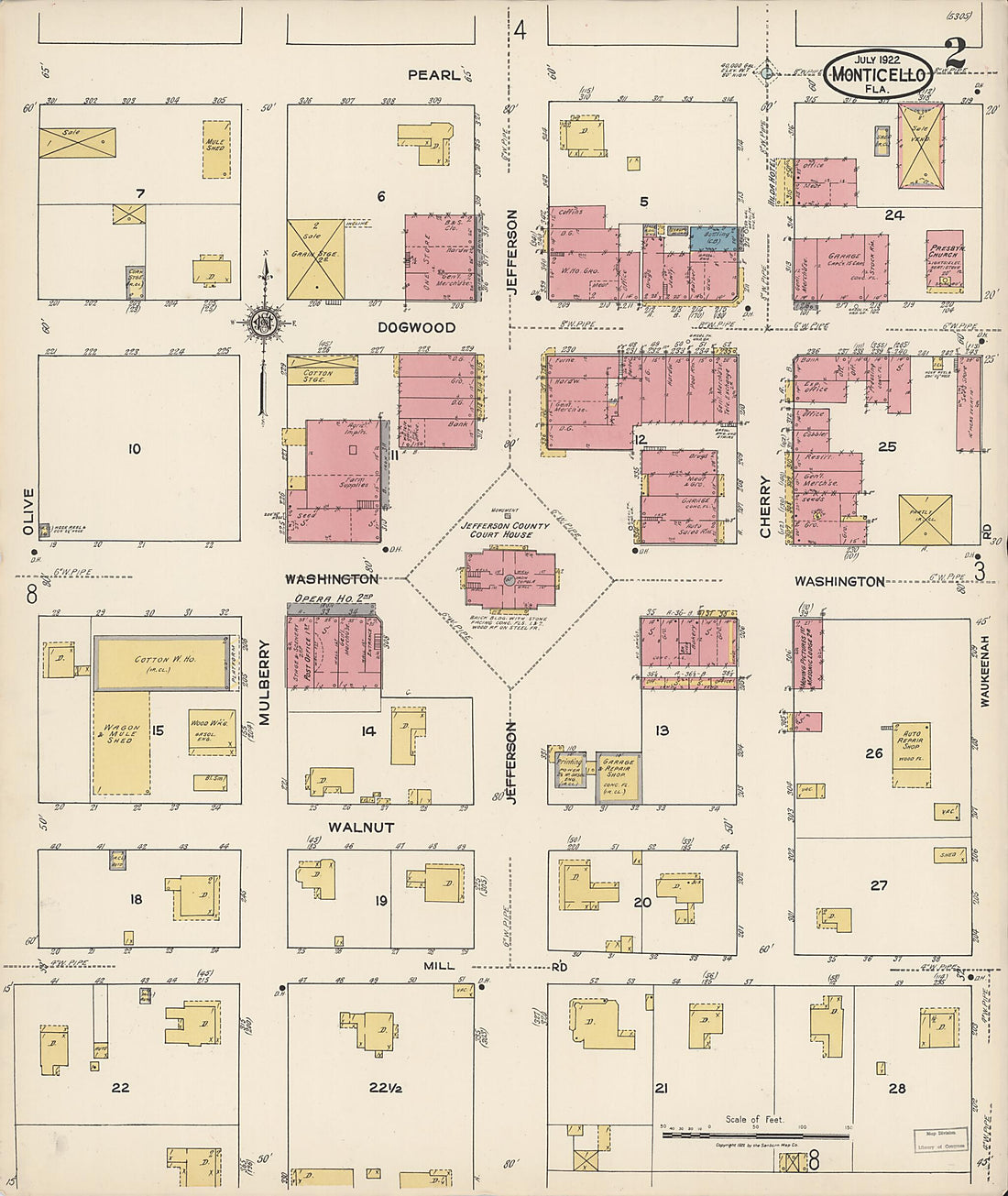 This old map of Monticello, Jefferson County, Florida was created by Sanborn Map Company in 1922