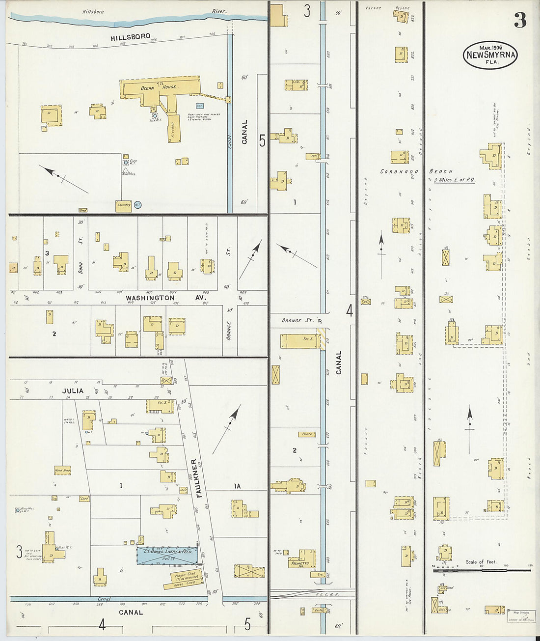This old map of New Smyrna, Valusia County, Florida was created by Sanborn Map Company in 1906
