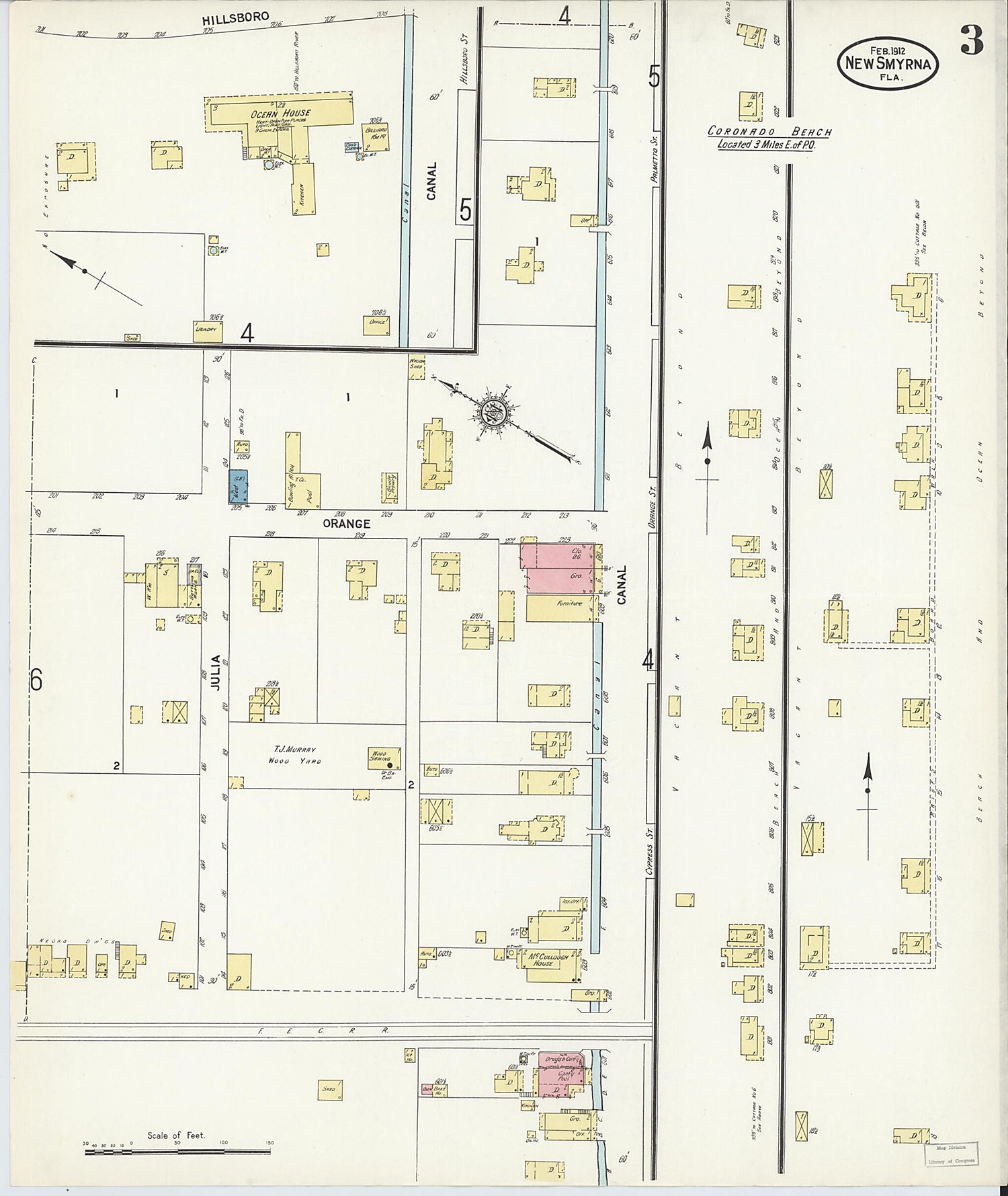 This old map of New Smyrna, Valusia County, Florida was created by Sanborn Map Company in 1912