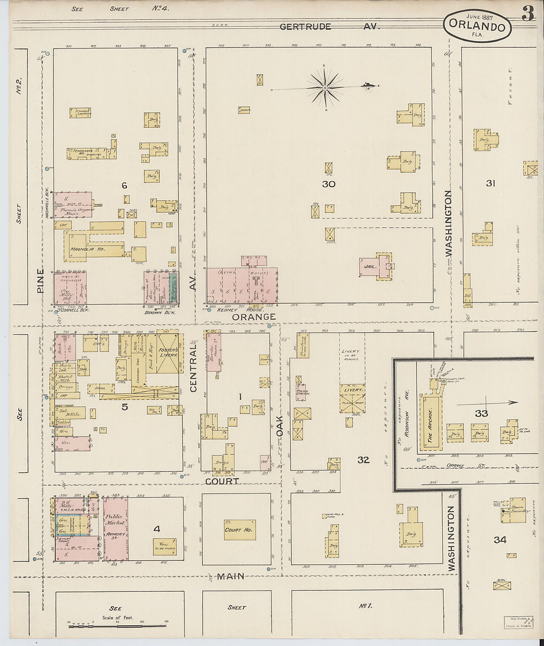 This old map of Orlando, Orange County, Florida was created by Sanborn Map Company in 1887