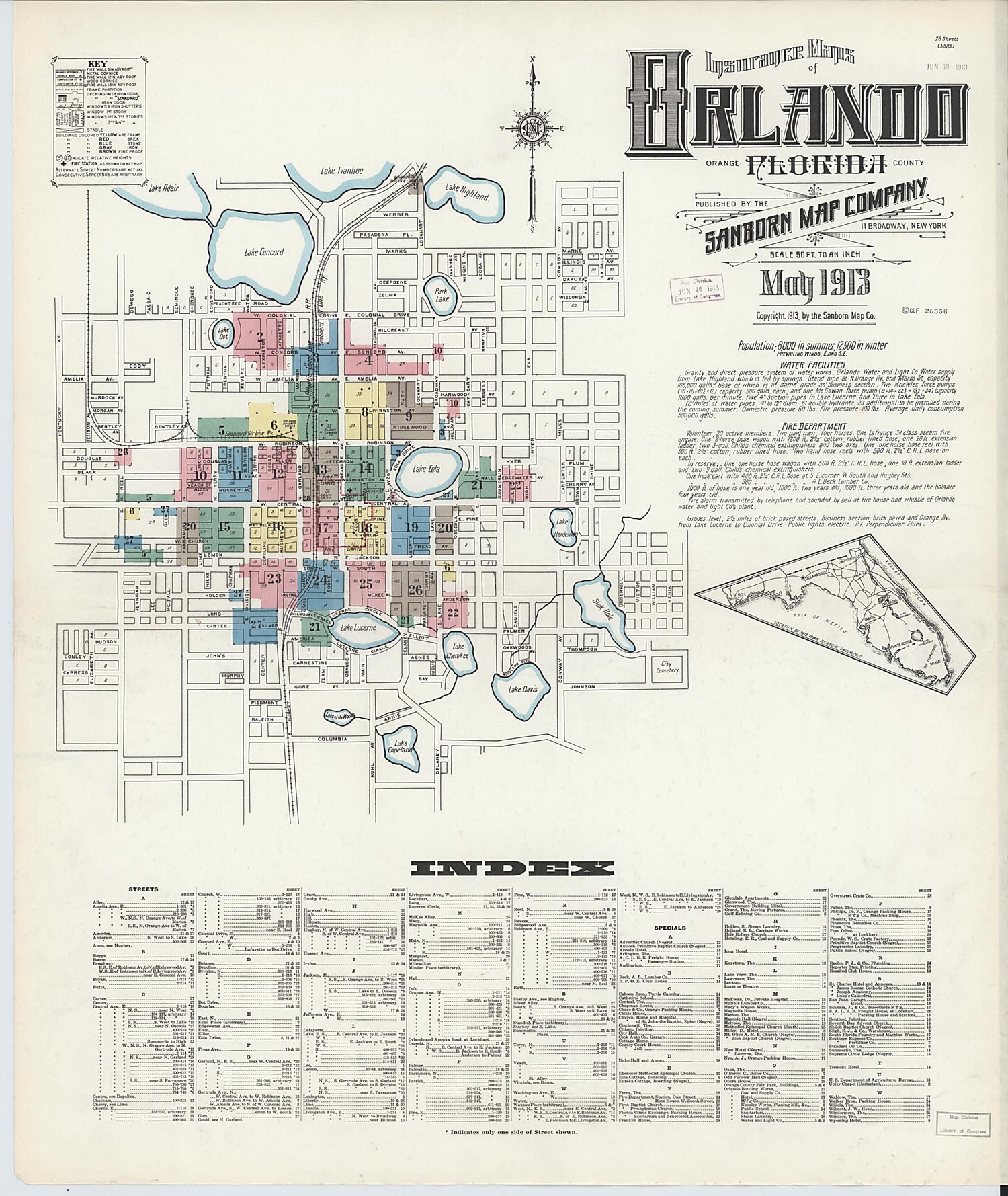 This old map of Orlando, Orange County, Florida was created by Sanborn Map Company in 1913