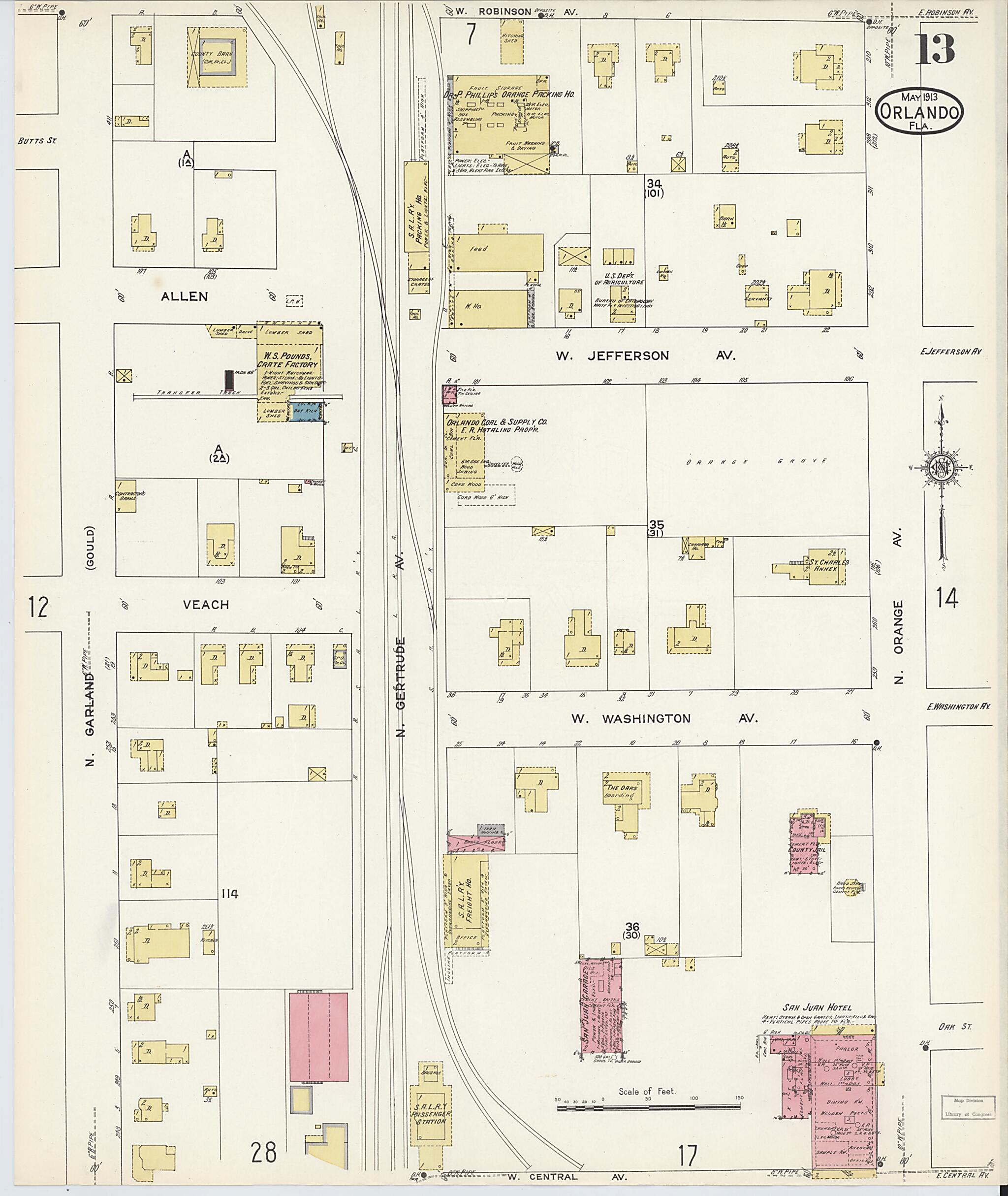 This old map of Orlando, Orange County, Florida was created by Sanborn Map Company in 1913