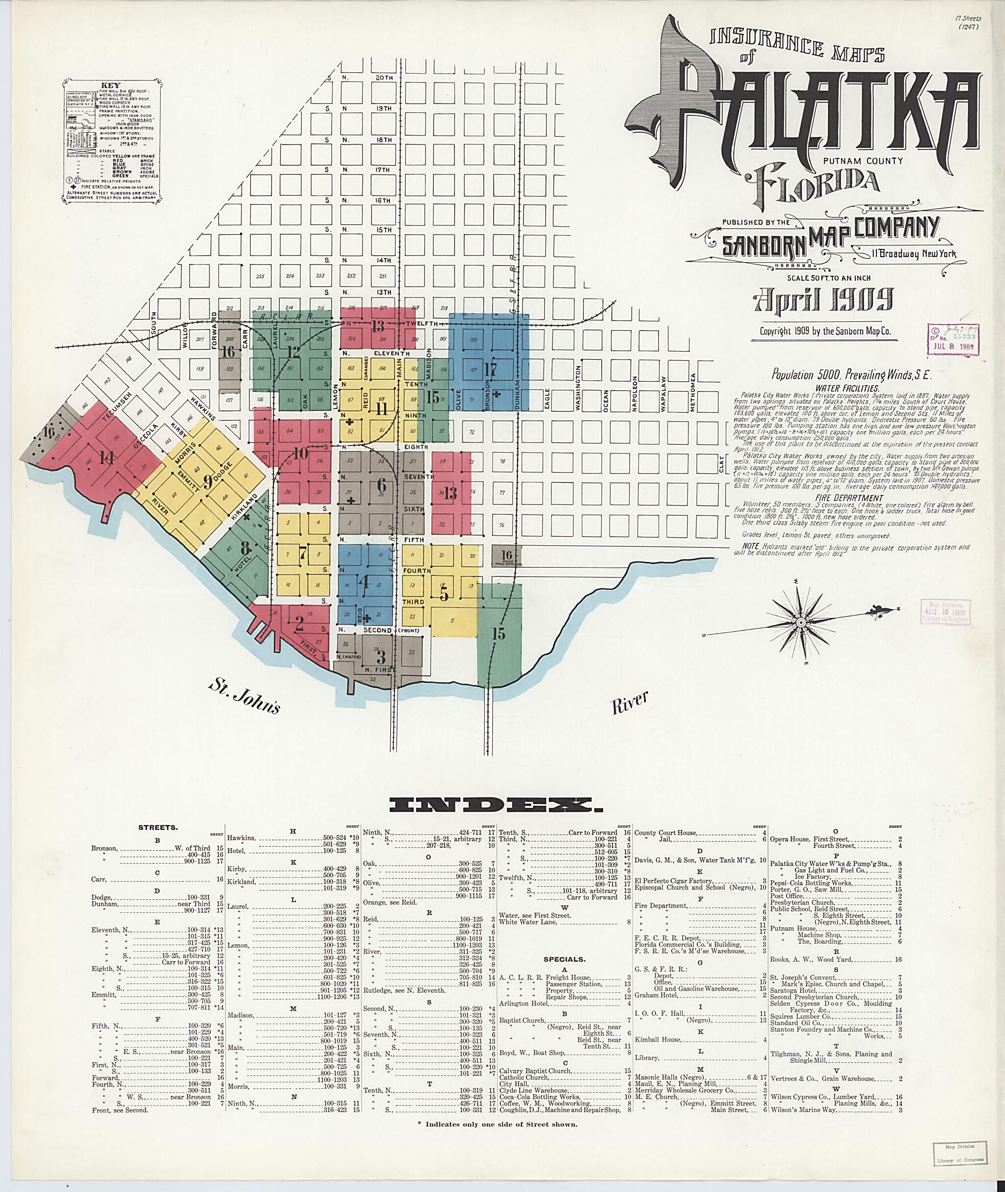 This old map of Palatka, Putnam County, Florida was created by Sanborn Map Company in 1909