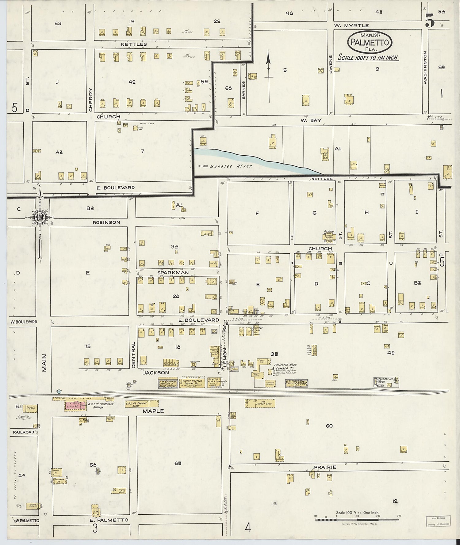This old map of Palmetto, Manatee County, Florida was created by Sanborn Map Company in 1917