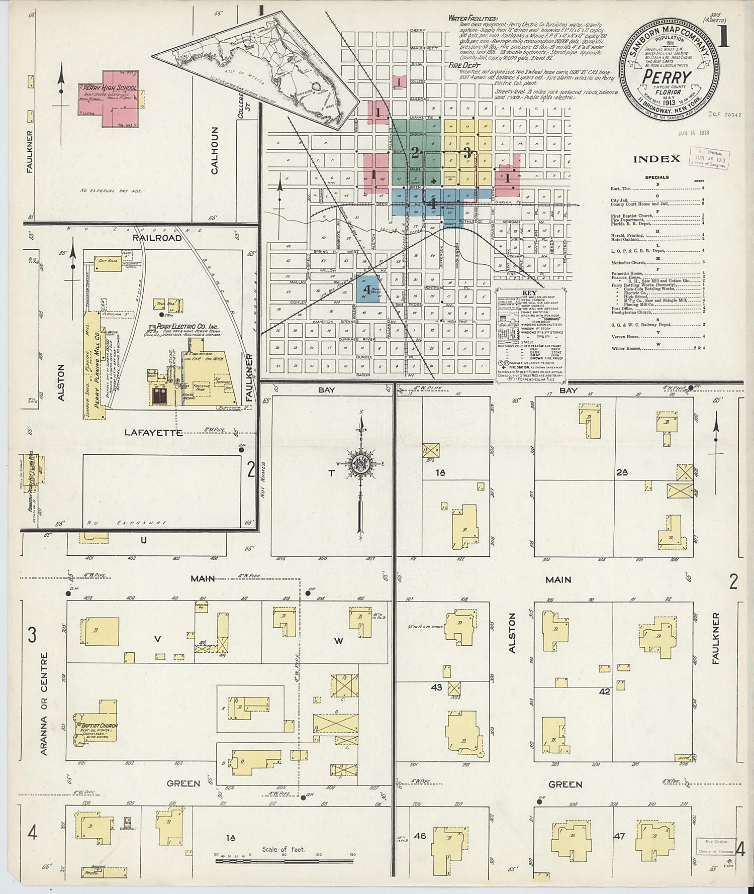 This old map of Perry, Taylor County, Florida was created by Sanborn Map Company in 1913