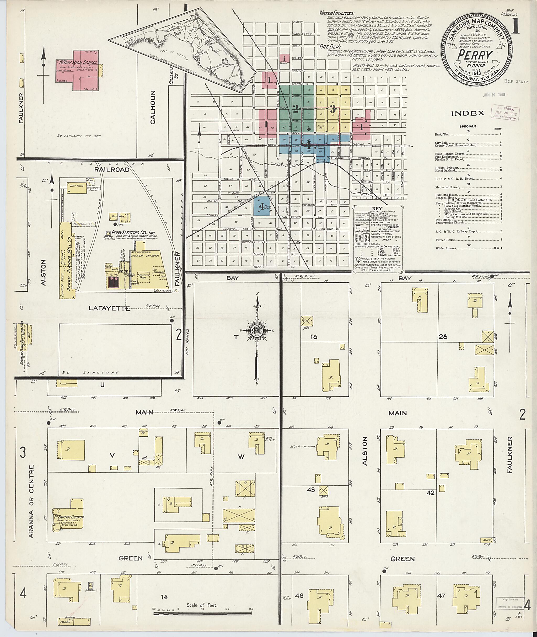 This old map of Perry, Taylor County, Florida was created by Sanborn Map Company in 1913